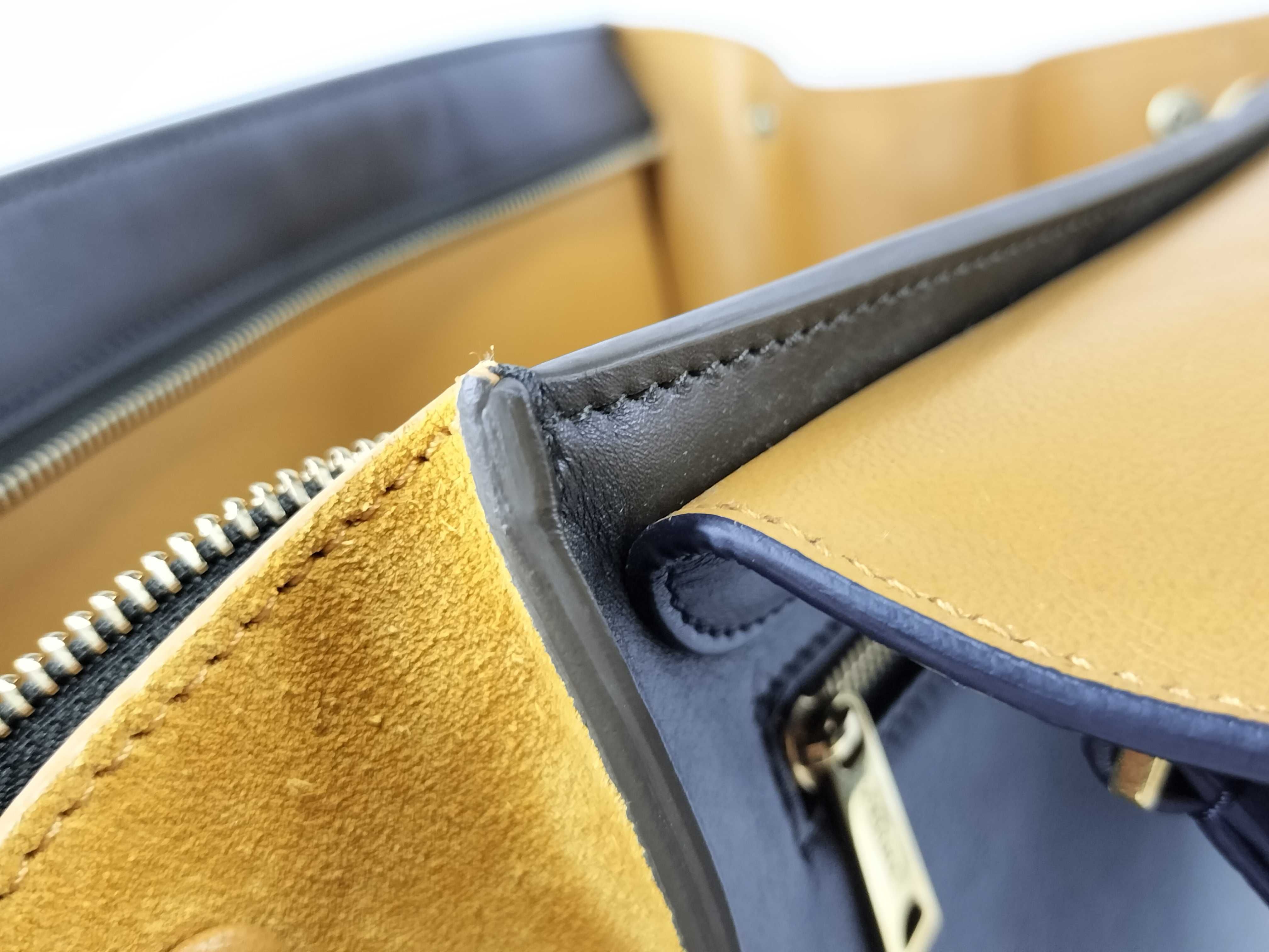 Small Trapeze 2-Way Bag, Leather Suede, Navy x Yellow Handbag — view 10