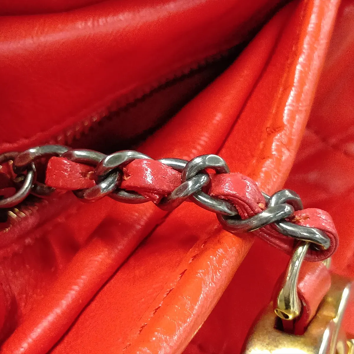 Gabrielle de Chanel Vintage Calfskin Chain Shoulder Bag, Orange with Gold and Silver Hardware, 27202670, Serial Number 27 — view 9