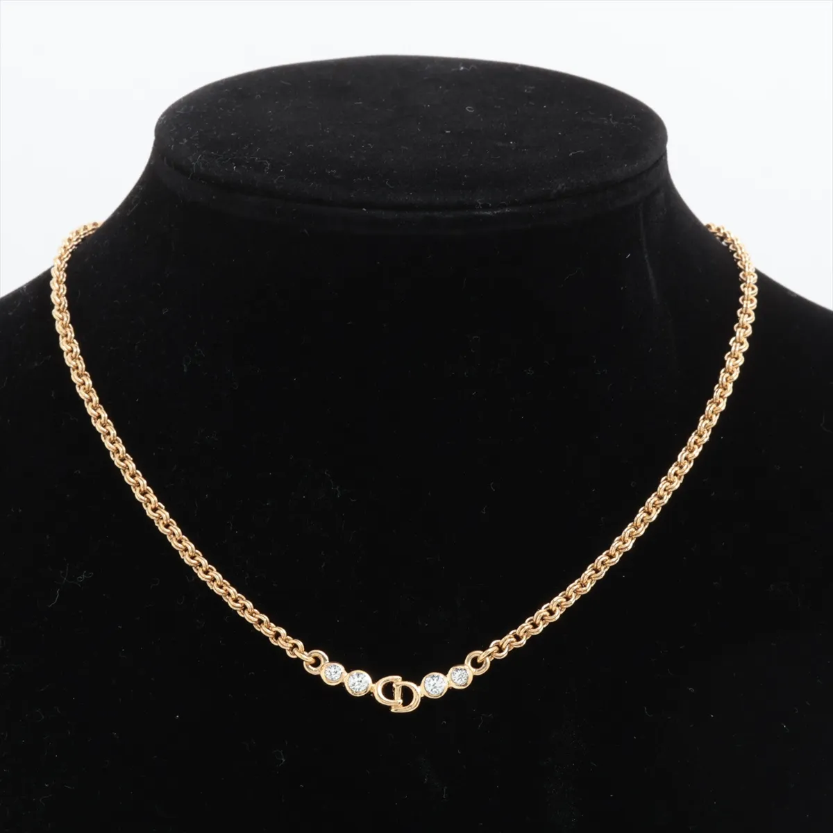 CD logo necklace, gold plated with rhinestones. Shows signs of wear, — view 5