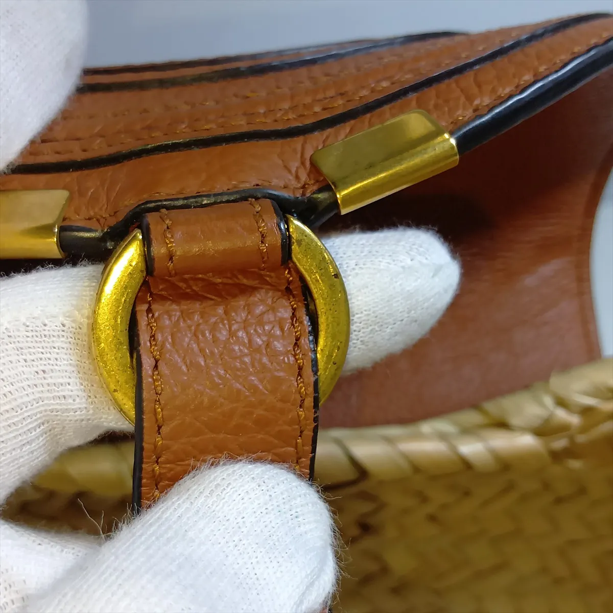 Marcie Raffia x Leather Basket Bag, Beige x Brown — view 10