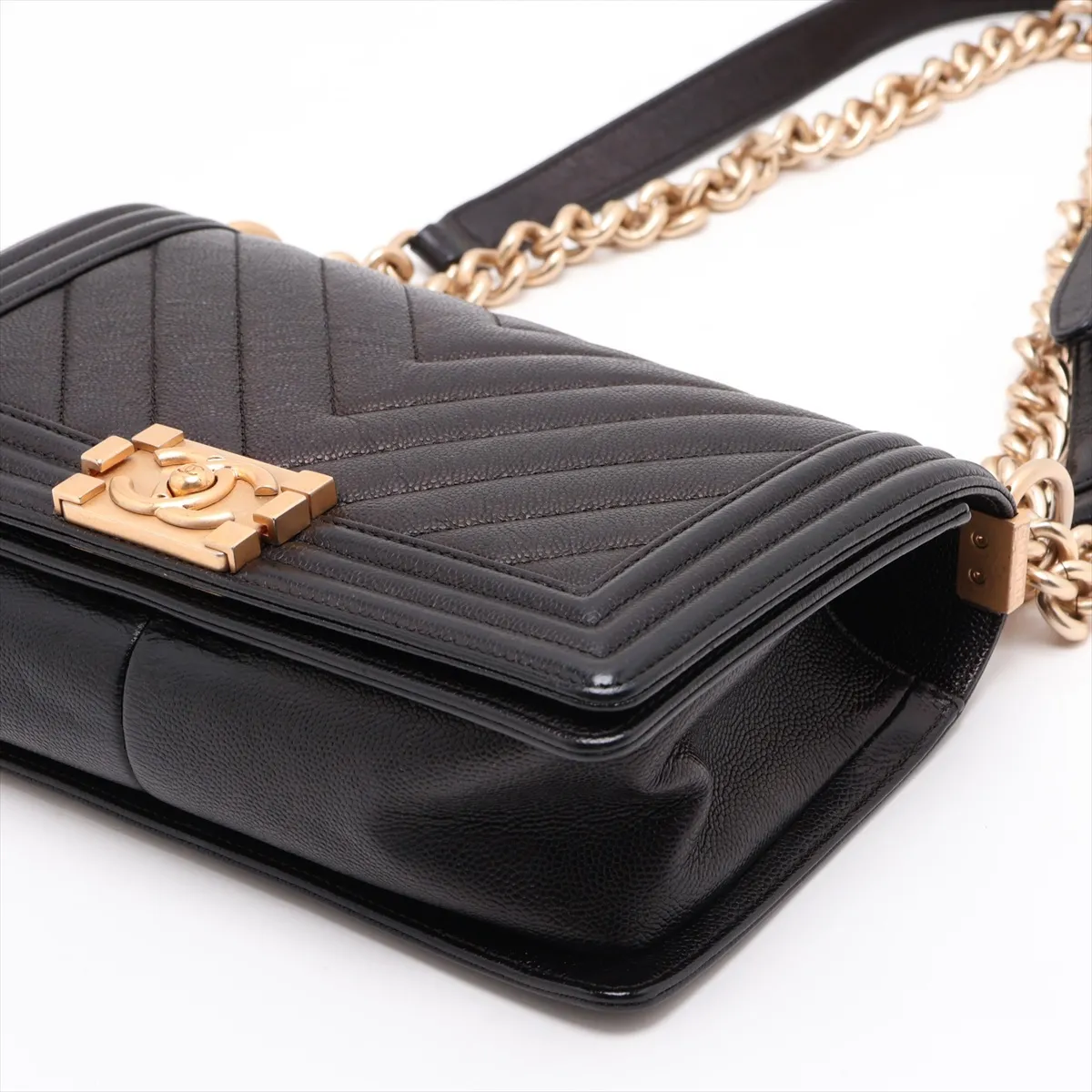 Boy Chanel 25 Caviar Skin Chain Shoulder Bag, V-Stitch Chevron, Black with Gold Hardware, 24886149, Serial Number 24, A67086 — view 3