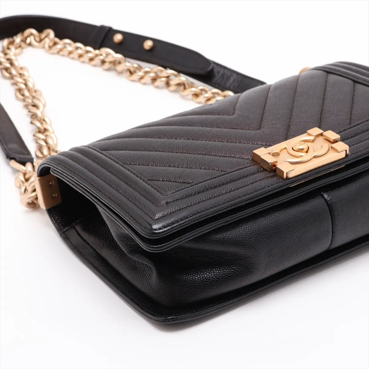 Boy Chanel 25 Caviar Skin Chain Shoulder Bag, V-Stitch Chevron, Black with Gold Hardware, 24886149, Serial Number 24, A67086 — view 4
