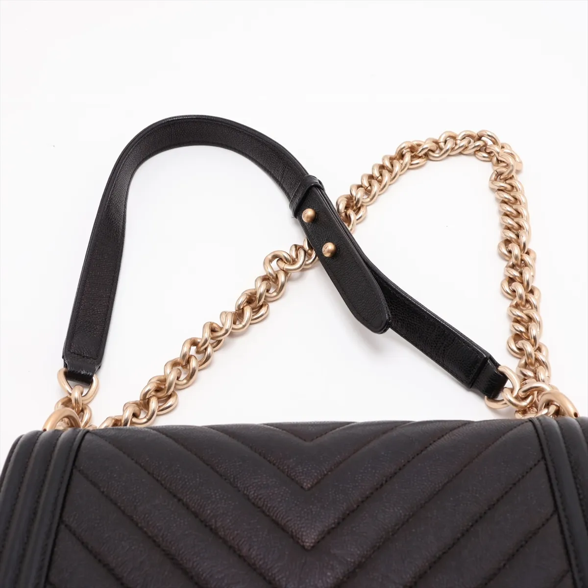 Boy Chanel 25 Caviar Skin Chain Shoulder Bag, V-Stitch Chevron, Black with Gold Hardware, 24886149, Serial Number 24, A67086 — view 6