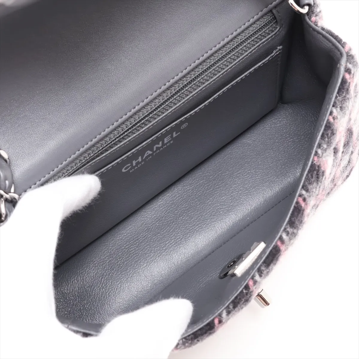 Mini Matelassé 20 Wool Single Flap Single Chain Bag, Gray, Silver Hardware, Random Plate, A69900 — view 6