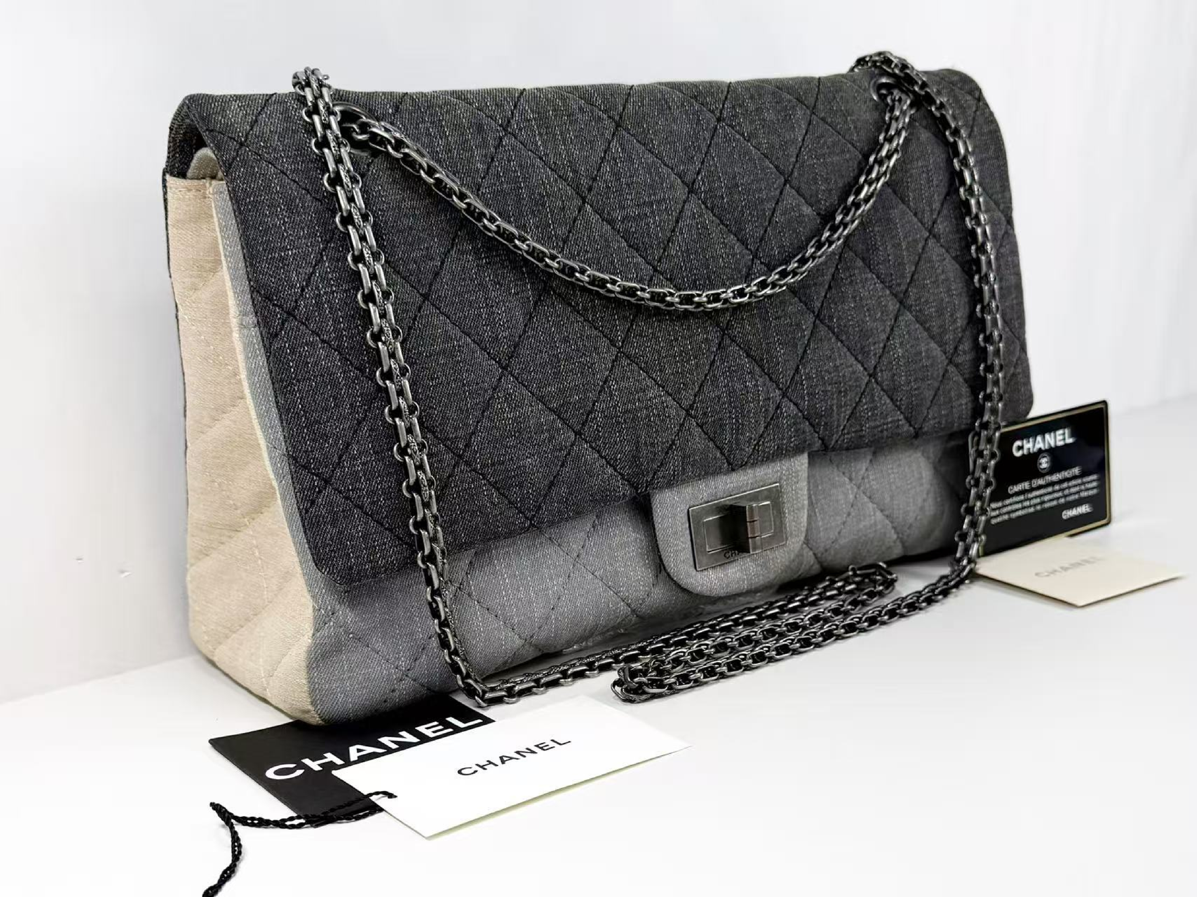2.55 Denim Multicolor Double Flap Shoulder Bag, W32/H20/D10cm (approx.), serial number in the 13 range. Includes gold seal, authenticity card, booklet, and sticker. Vintage silver hardware. Item number 13467610. — view 2