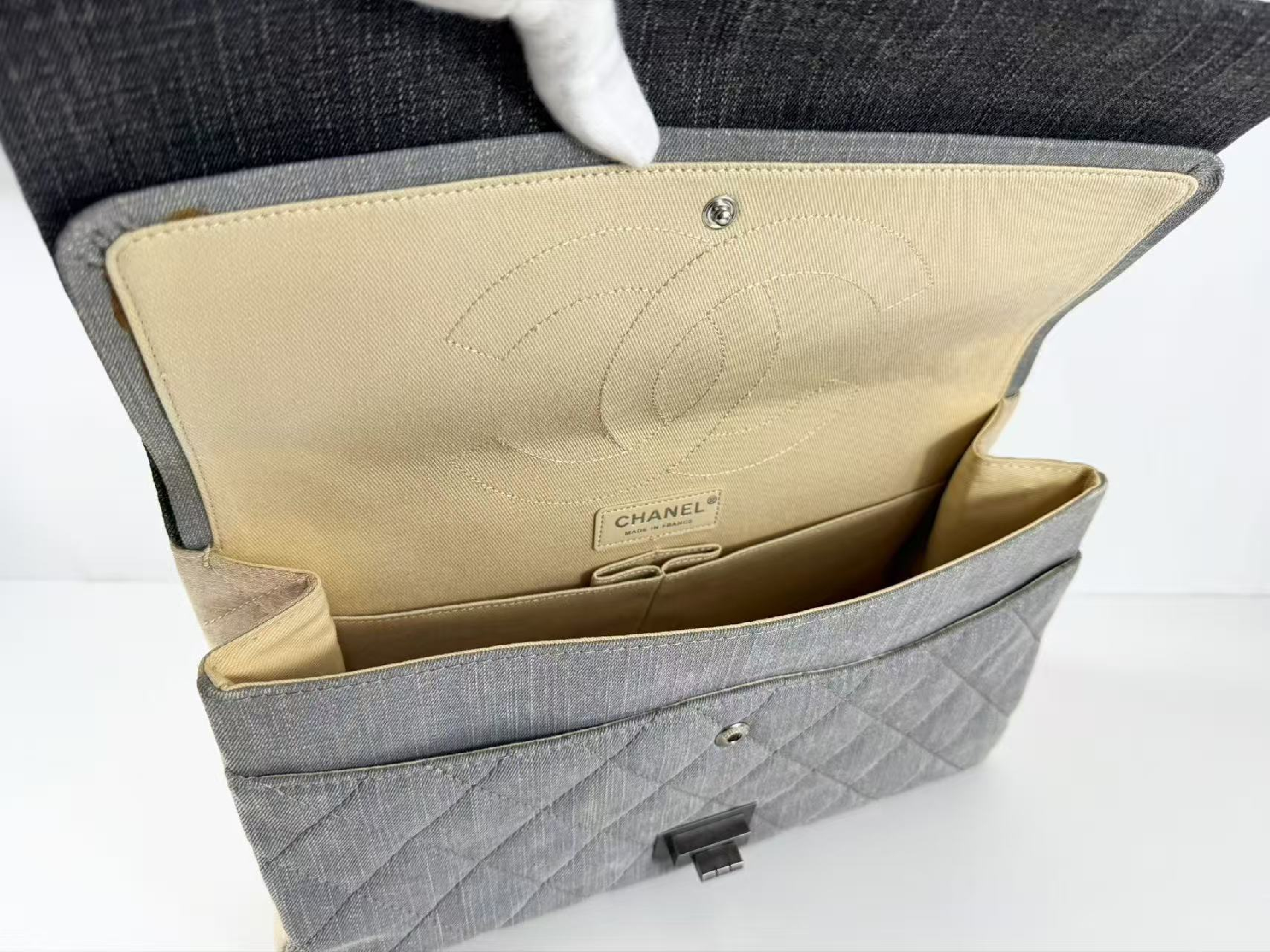 2.55 Denim Multicolor Double Flap Shoulder Bag, W32/H20/D10cm (approx.), serial number in the 13 range. Includes gold seal, authenticity card, booklet, and sticker. Vintage silver hardware. Item number 13467610. — view 13