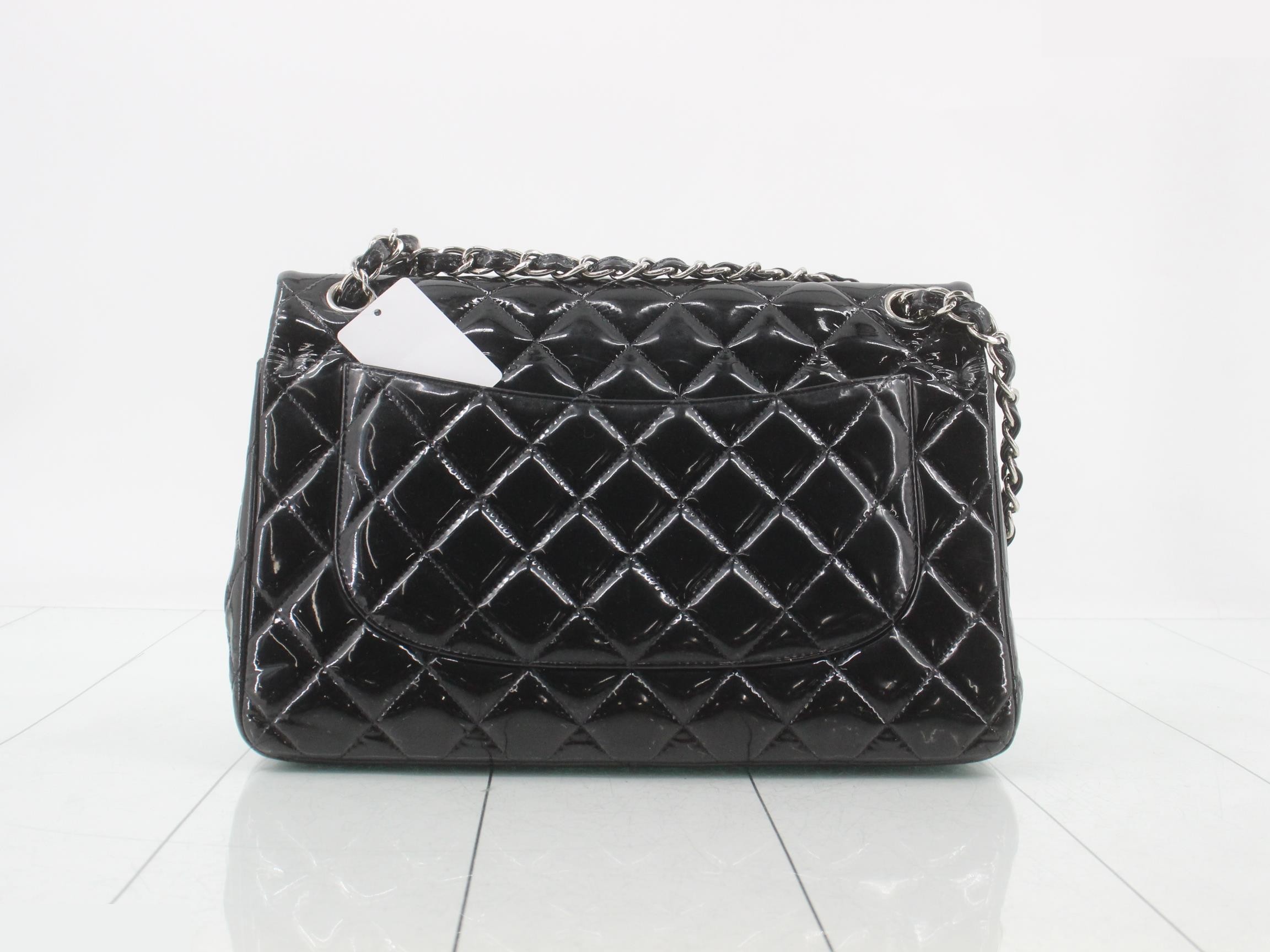 Matelassé enamel black double flap double chain shoulder bag — view 2