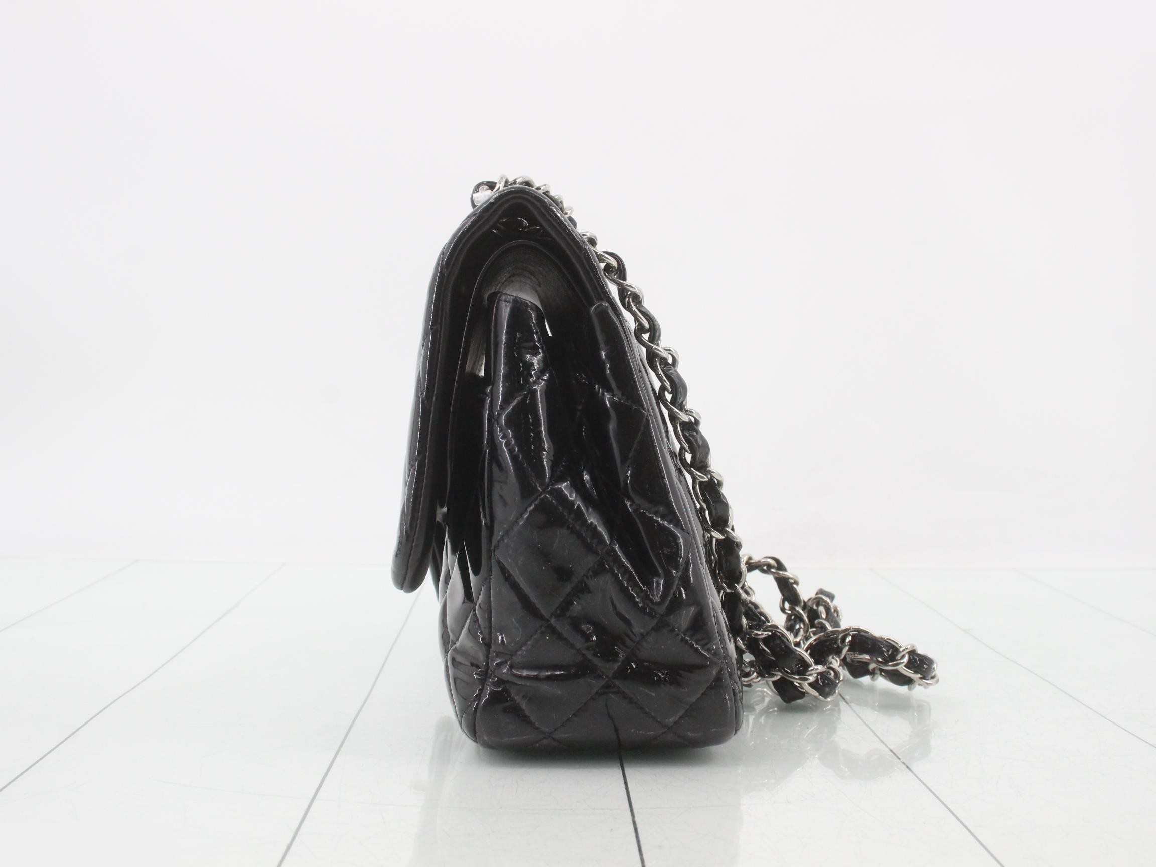 Matelassé enamel black double flap double chain shoulder bag — view 3