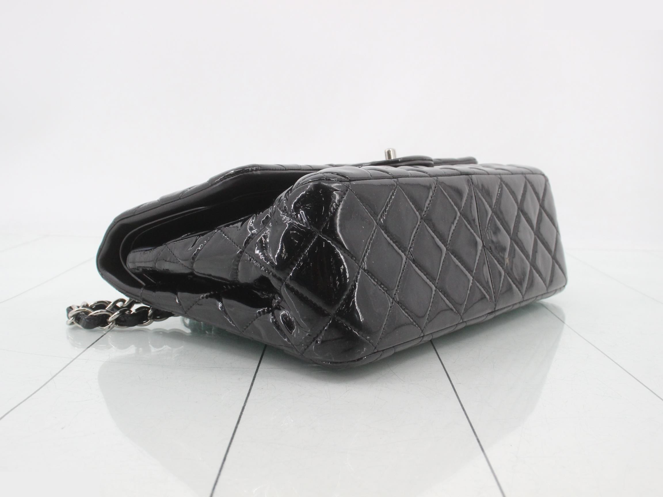 Matelassé enamel black double flap double chain shoulder bag — view 5
