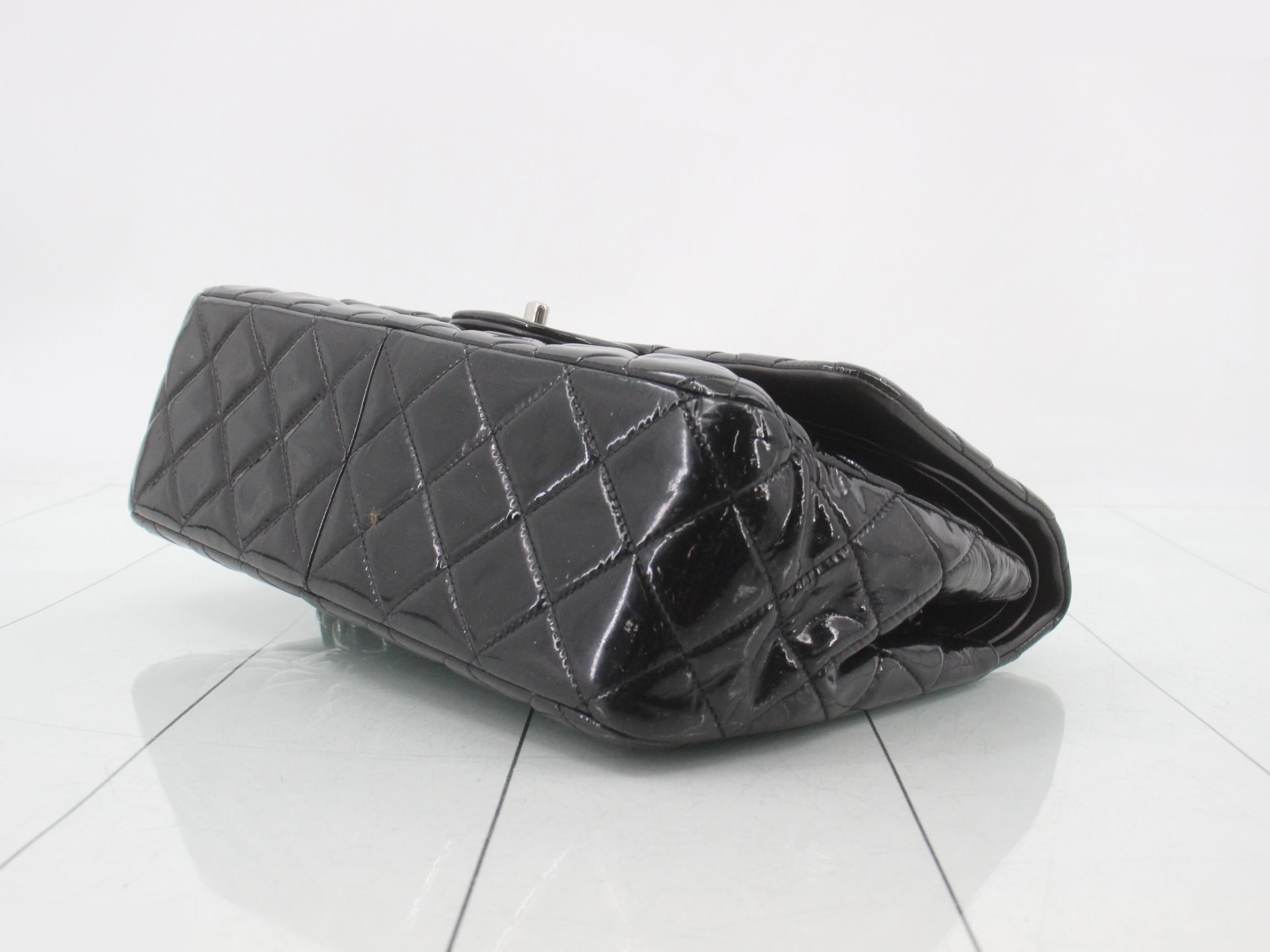 Matelassé enamel black double flap double chain shoulder bag — view 6