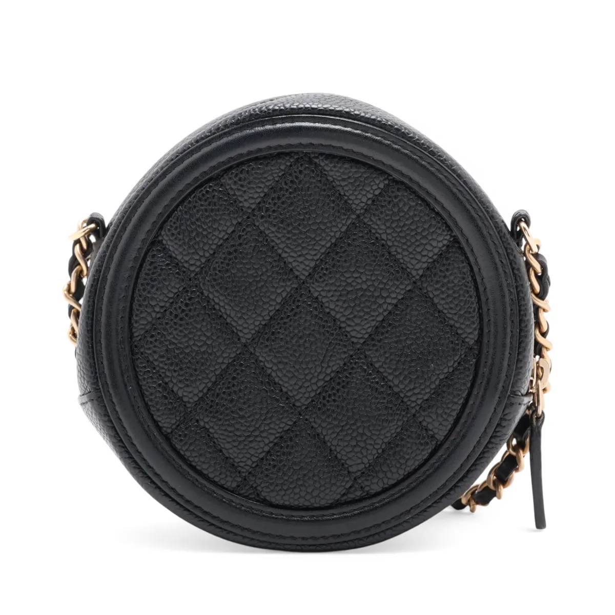 Matelassé Caviar Skin Chain Shoulder Bag, Round, Black with Gold Hardware, 27021473, Series 27 — view 2