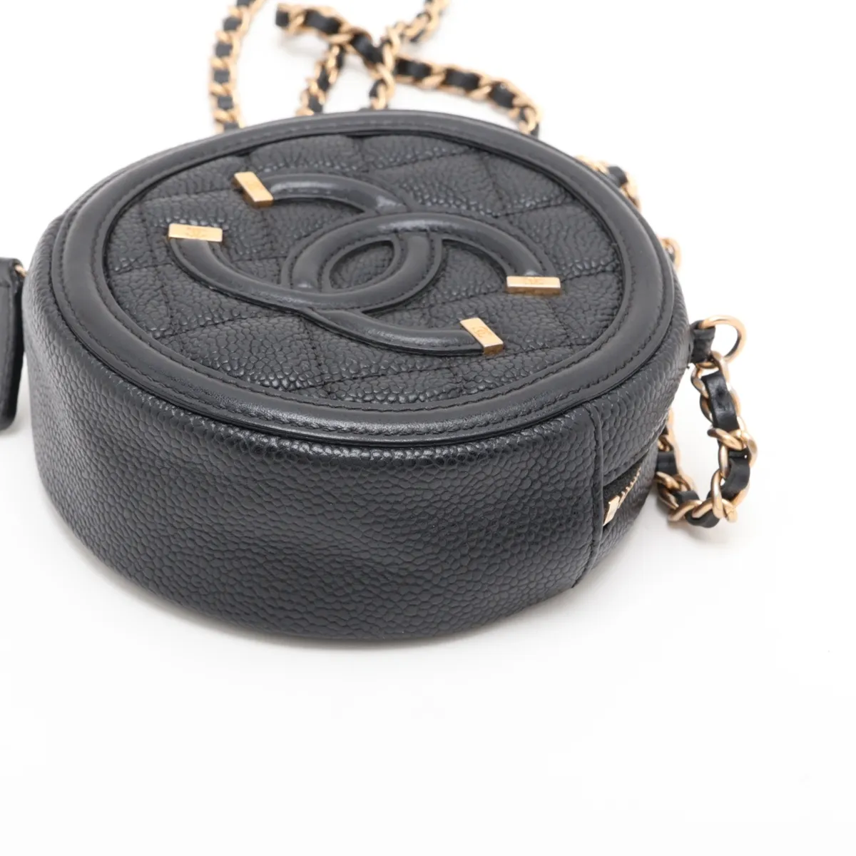 Matelassé Caviar Skin Chain Shoulder Bag, Round, Black with Gold Hardware, 27021473, Series 27 — view 3