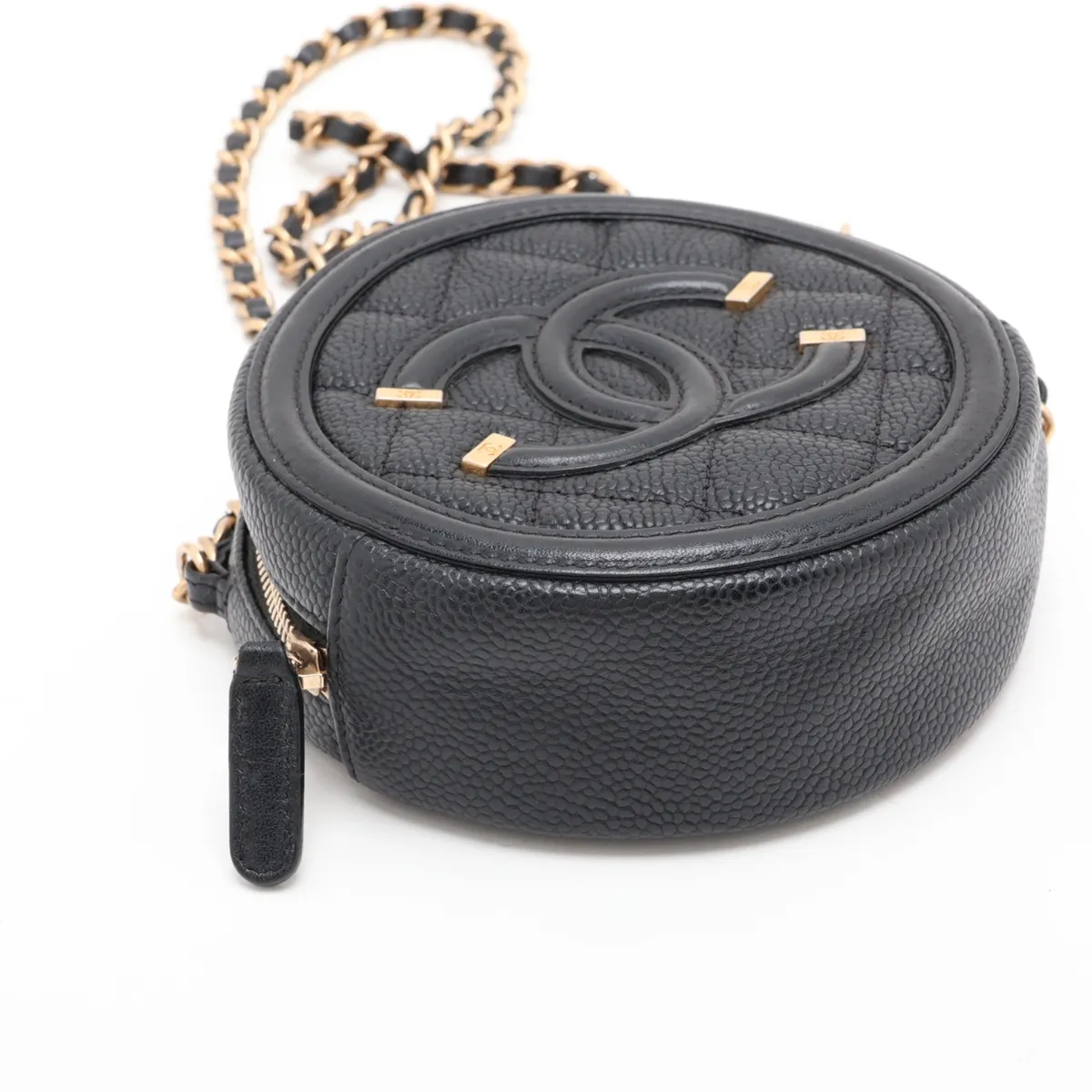 Matelassé Caviar Skin Chain Shoulder Bag, Round, Black with Gold Hardware, 27021473, Series 27 — view 4