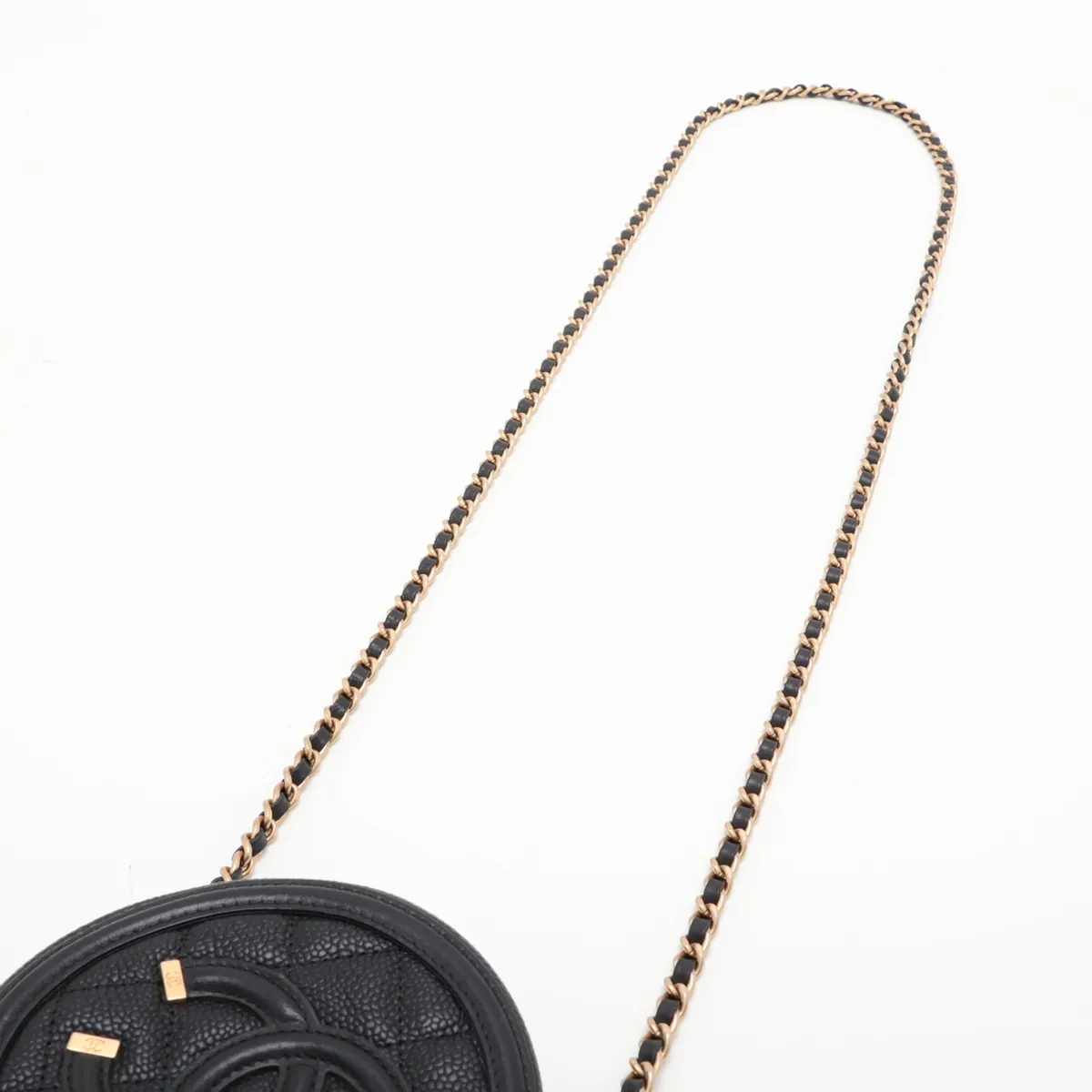 Matelassé Caviar Skin Chain Shoulder Bag, Round, Black with Gold Hardware, 27021473, Series 27 — view 5