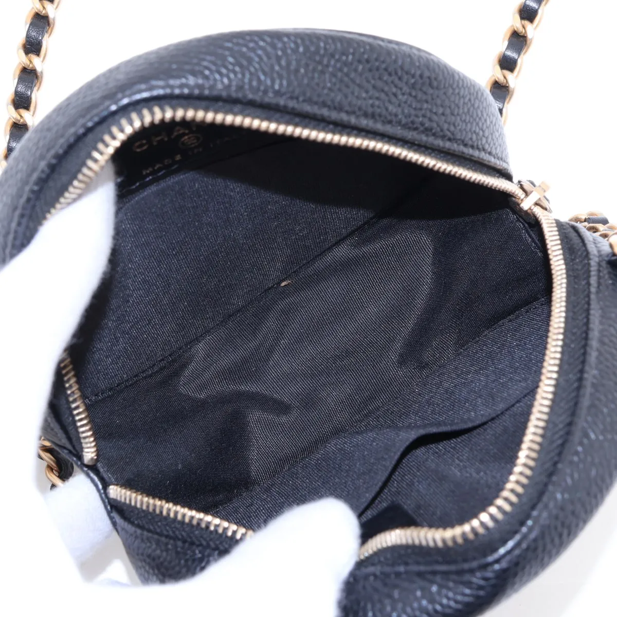 Matelassé Caviar Skin Chain Shoulder Bag, Round, Black with Gold Hardware, 27021473, Series 27 — view 6