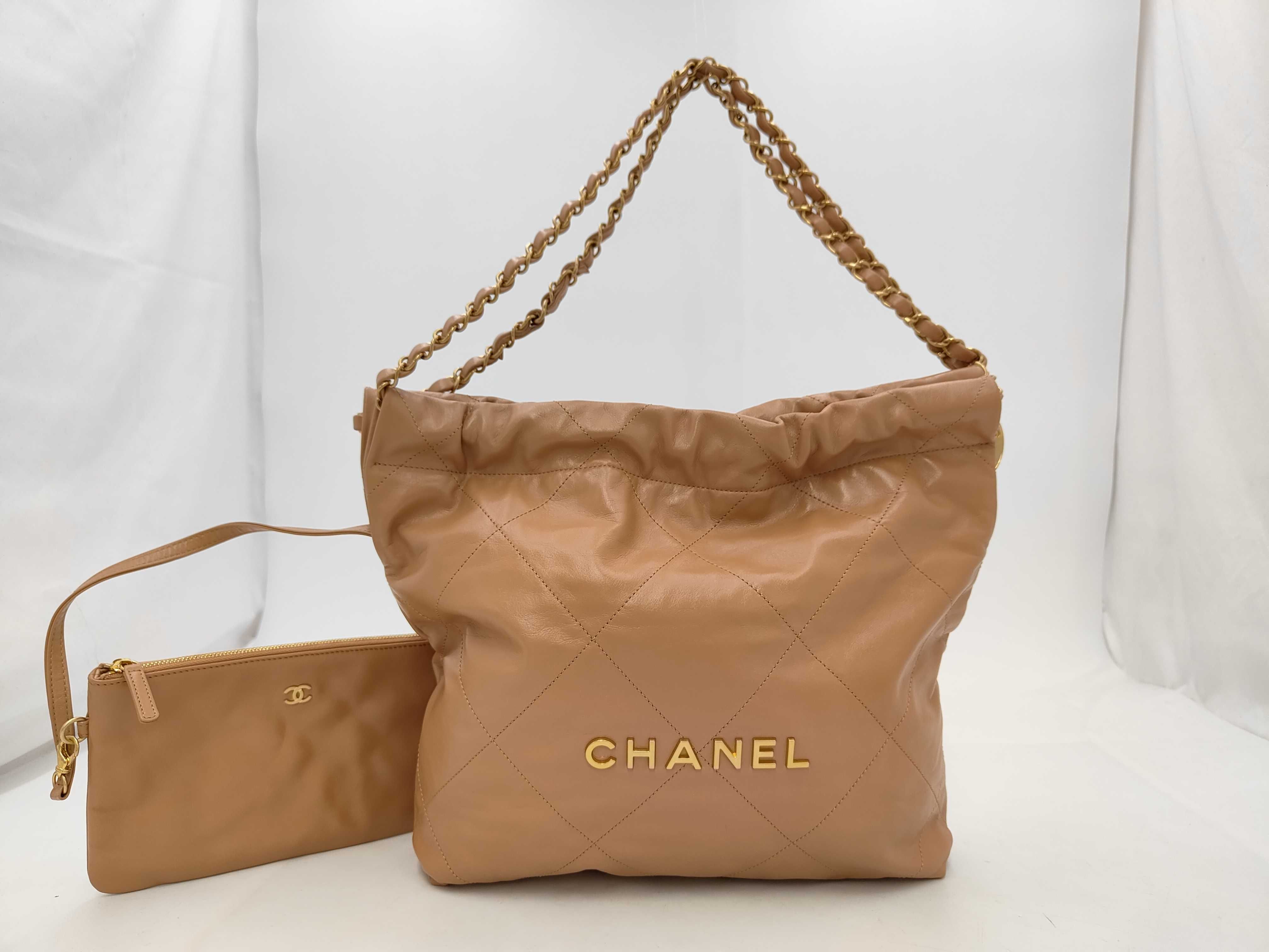 22 Small Shiny Calfskin Shoulder Bag in Beige with Gold Hardware (NXNC9LU0)