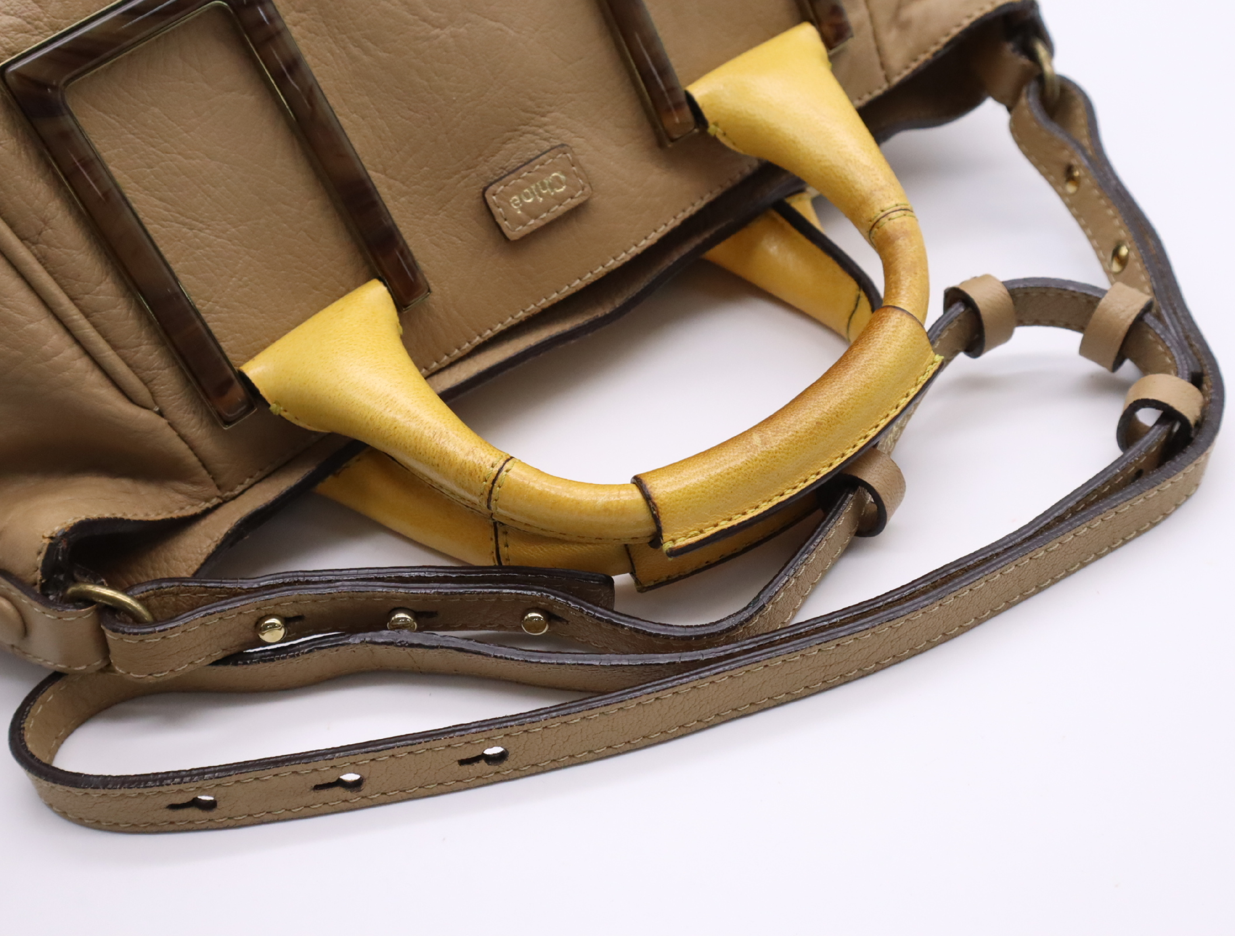 Leather Ethel 2-way Handbag, Beige/Yellow, with Shoulder Strap, Dust Bag, and Card. — view 12
