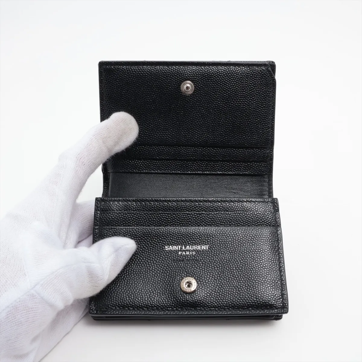 V-stitch YSL logo leather compact wallet, black YBL530841 — view 3