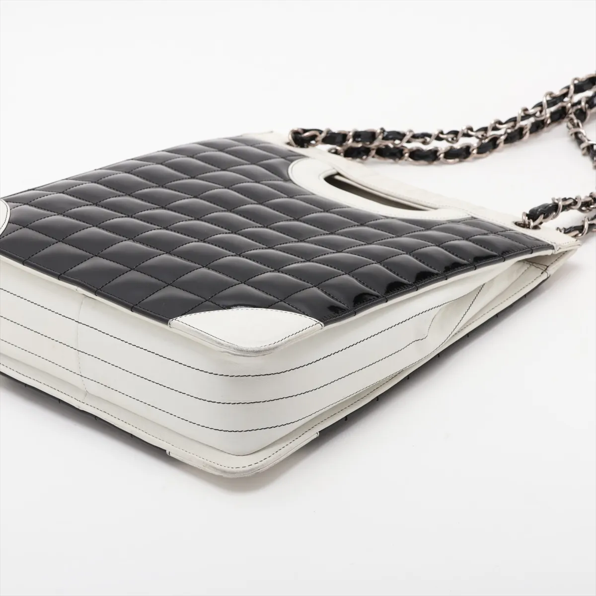 Chocolate Bar Patent Leather 2-Way Tote Bag, Black x White, Silver Hardware, Item No. 6790808 (Serial Number 6) — view 3