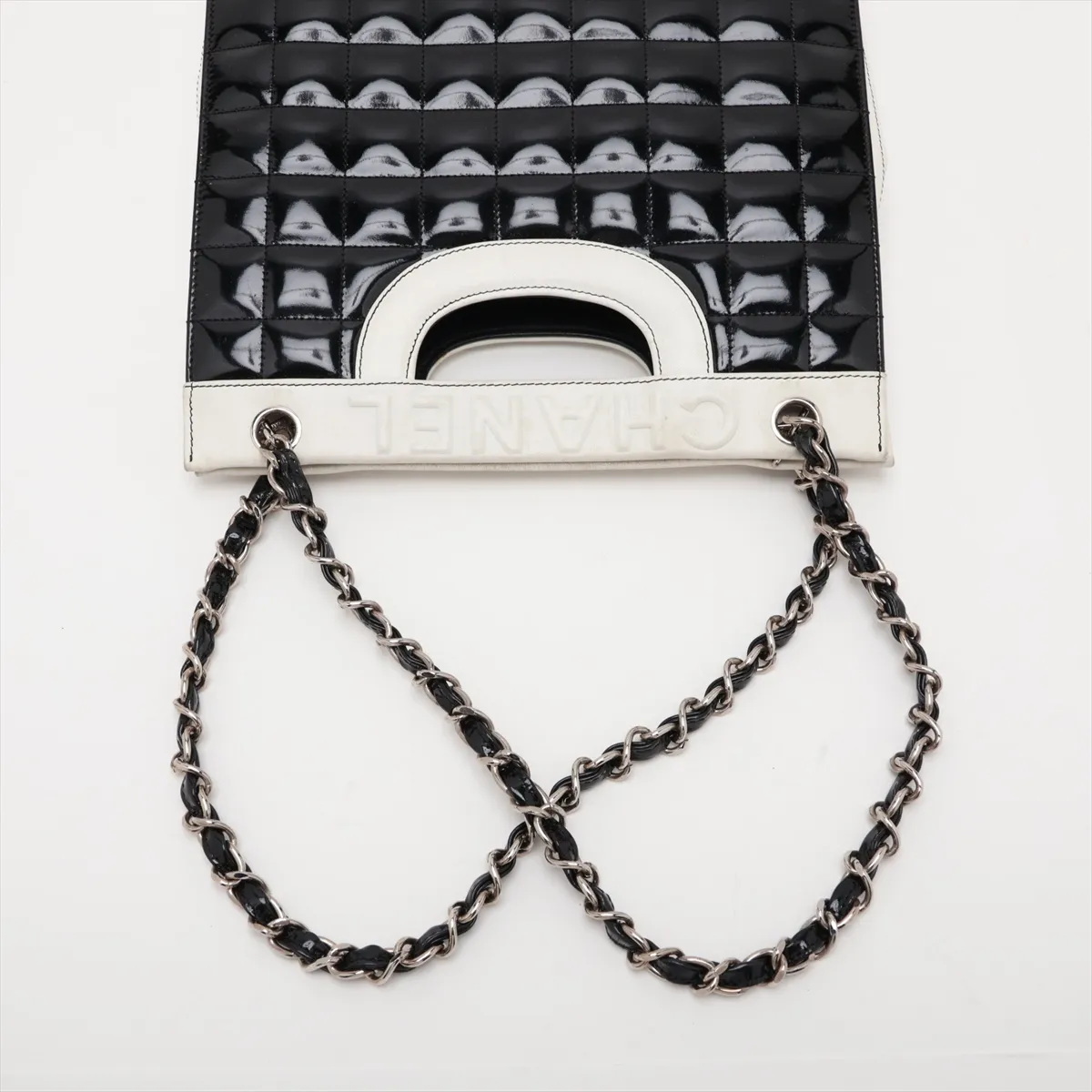 Chocolate Bar Patent Leather 2-Way Tote Bag, Black x White, Silver Hardware, Item No. 6790808 (Serial Number 6) — view 5