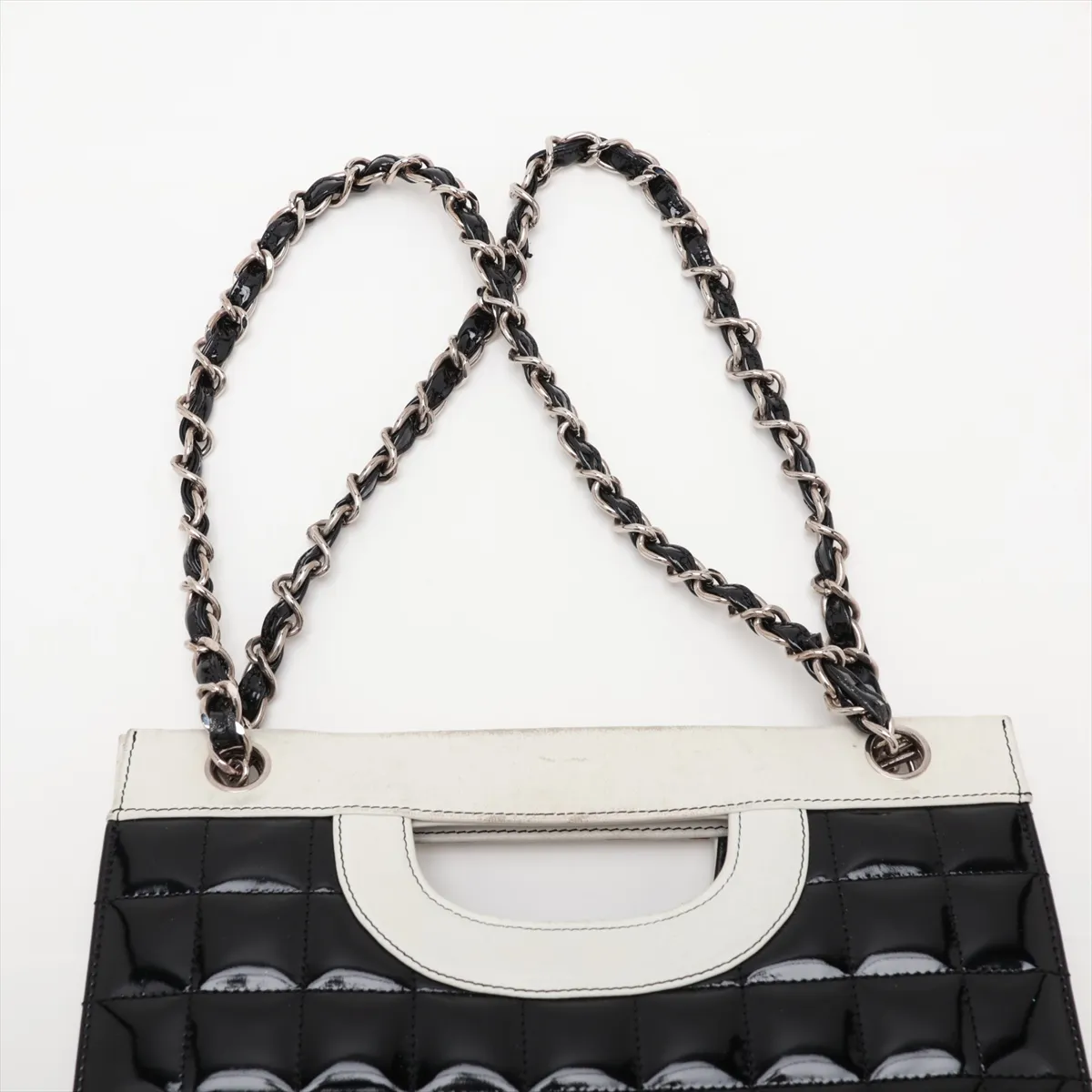 Chocolate Bar Patent Leather 2-Way Tote Bag, Black x White, Silver Hardware, Item No. 6790808 (Serial Number 6) — view 6