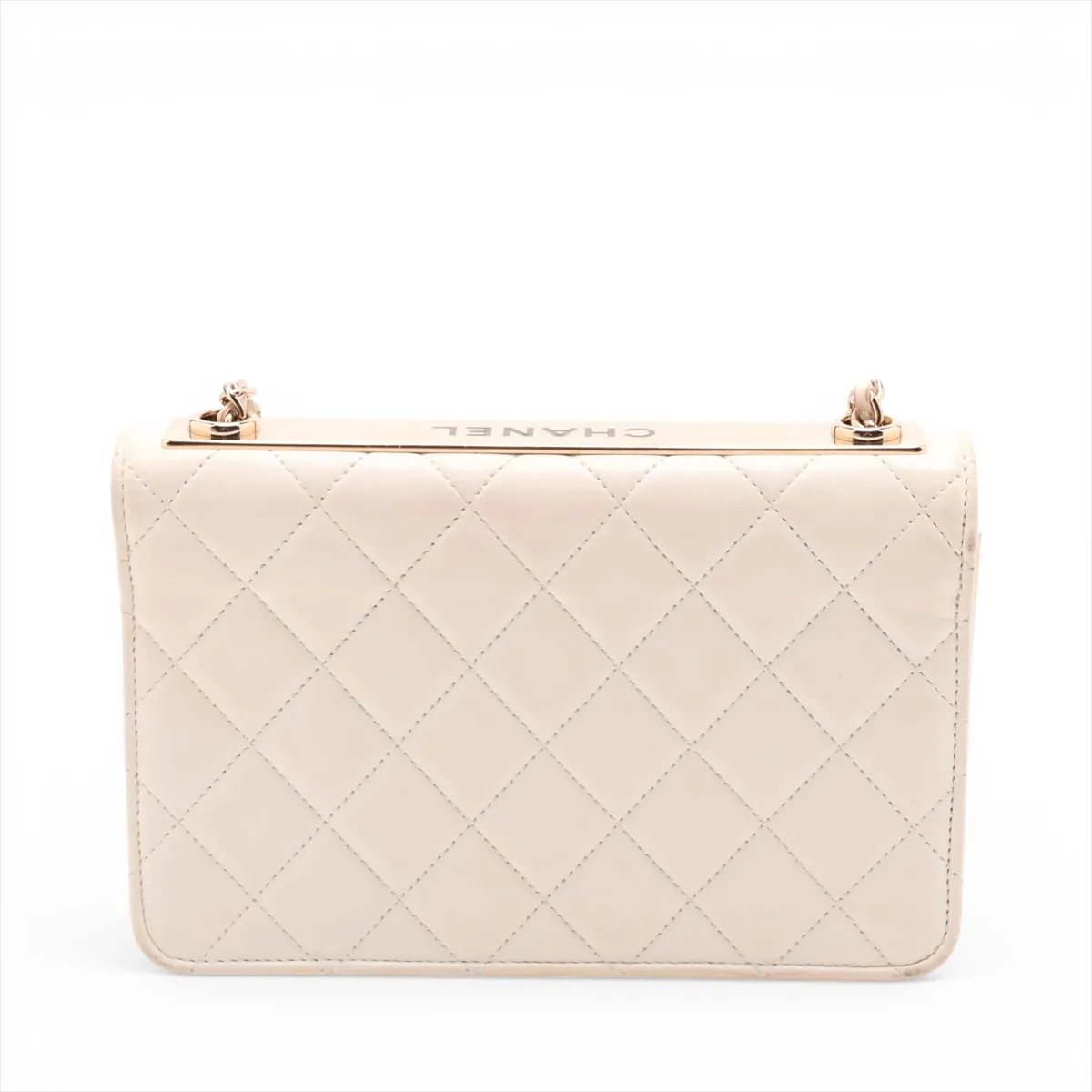 Matelassé Lambskin Chain Wallet, White with Gold Hardware, E186NLX4, Random Plate — view 2