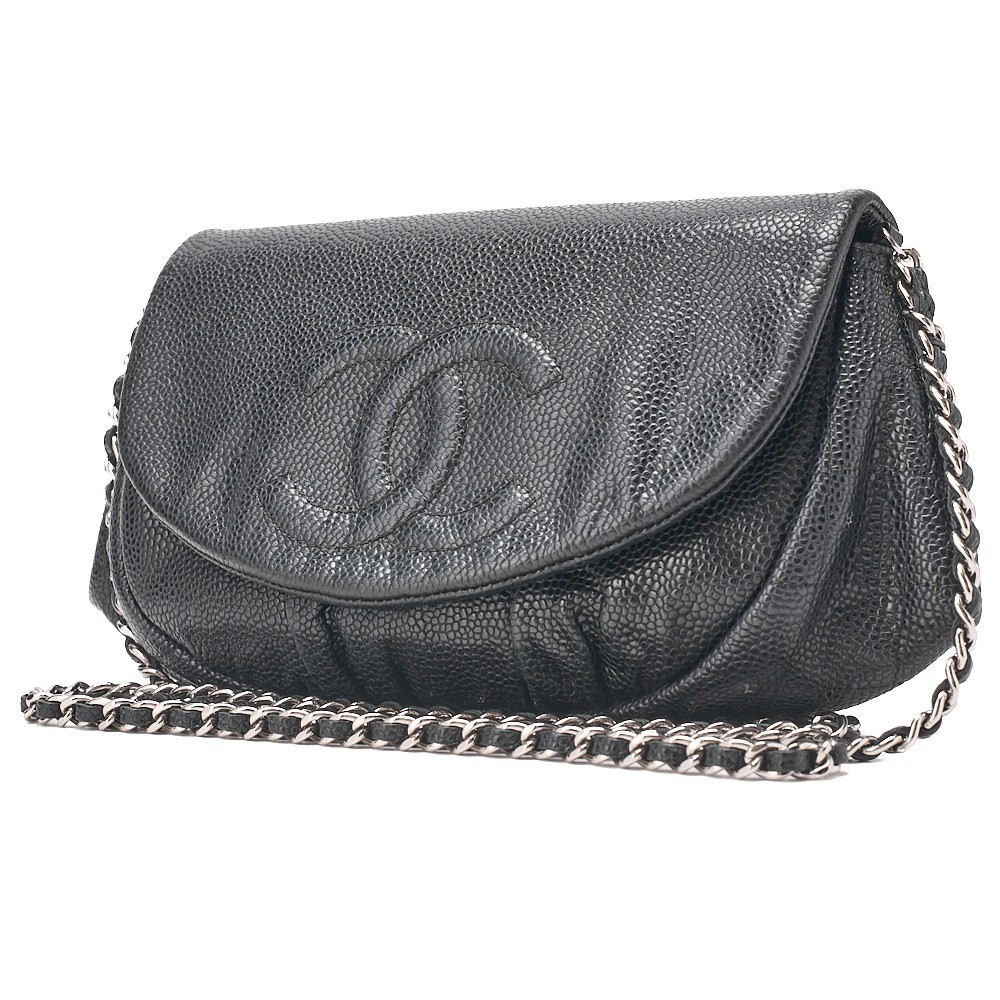 Caviar leather, Coco Mark, half-moon chain wallet, black, silver hardware, size 18 — view 3