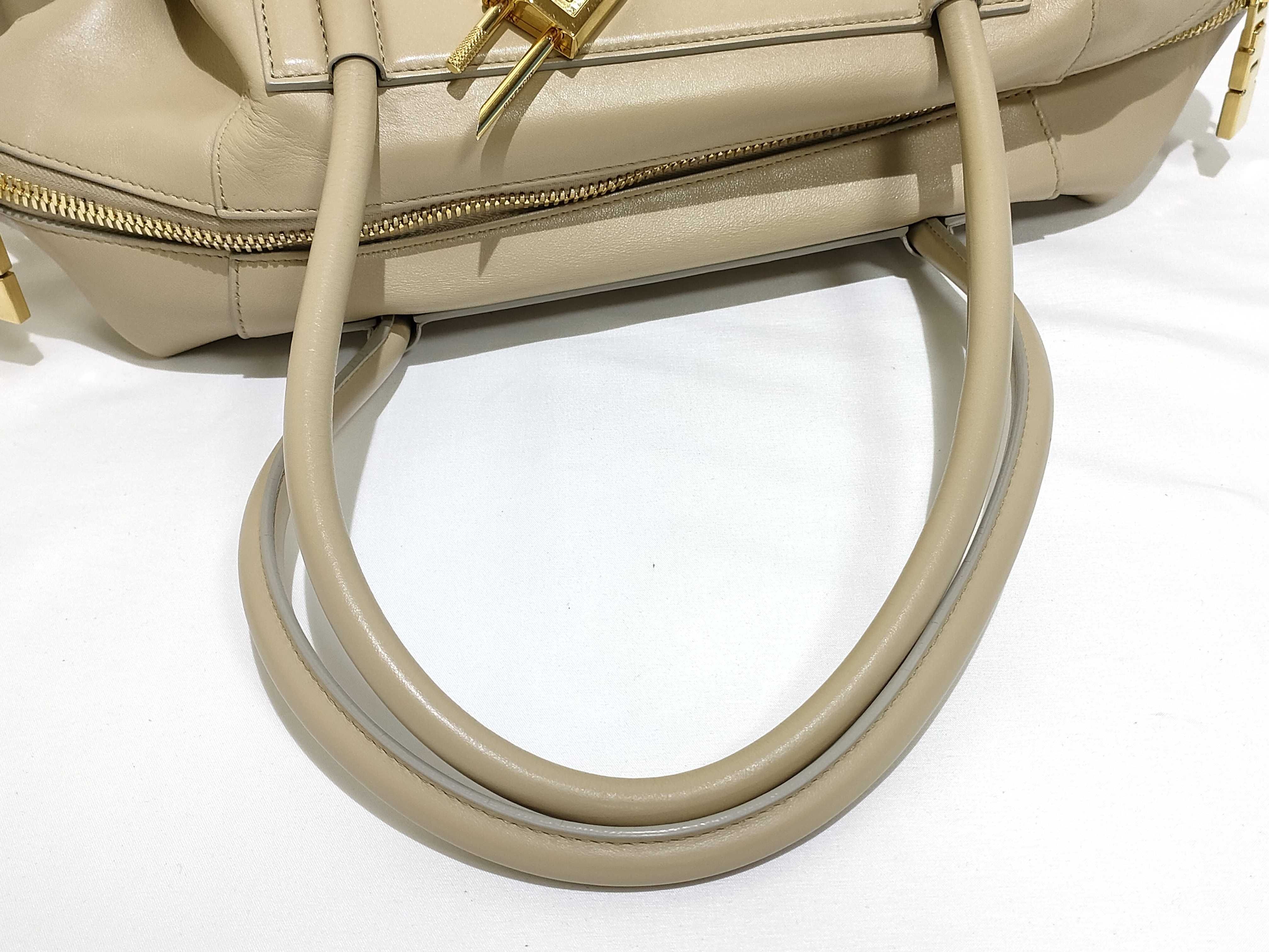 Antigona Lock Leather Tote Bag, Beige, with Padlock — view 3