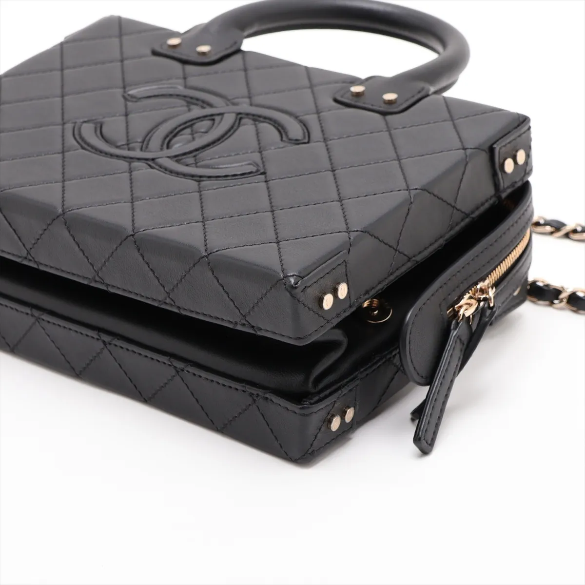 Matelassé Lambskin 2-Way Handbag, Black with Gold Hardware, X265K1PK, Random Plate — view 3