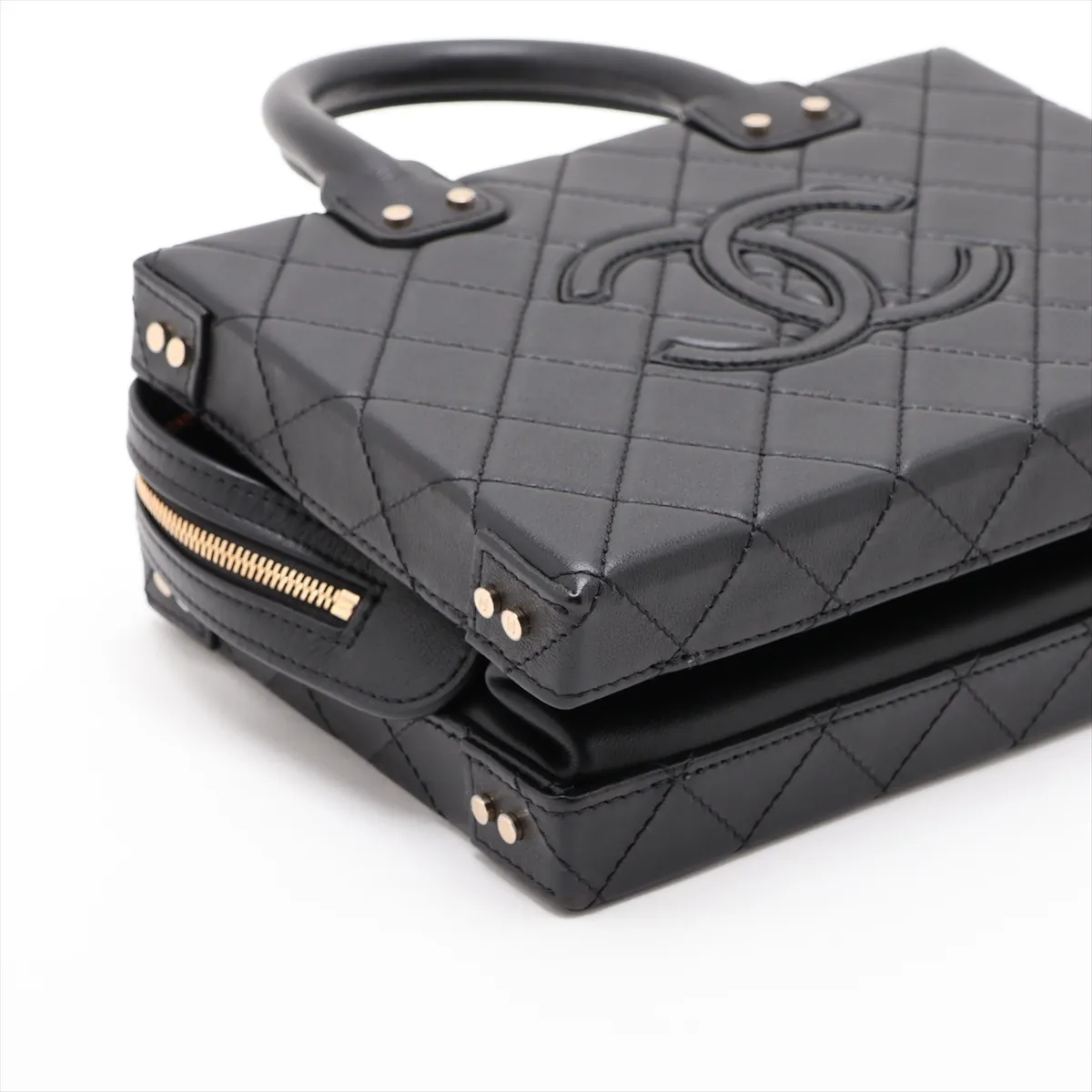 Matelassé Lambskin 2-Way Handbag, Black with Gold Hardware, X265K1PK, Random Plate — view 4