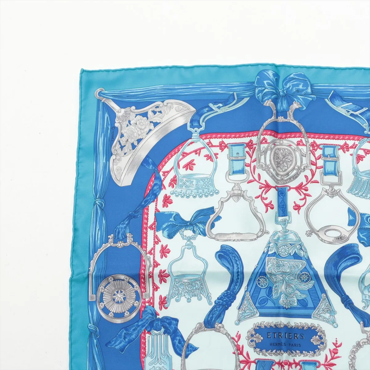 Carre 45 ETRIERS Armor Scarf, Silk, Blue. Shows signs of wear, — view 2