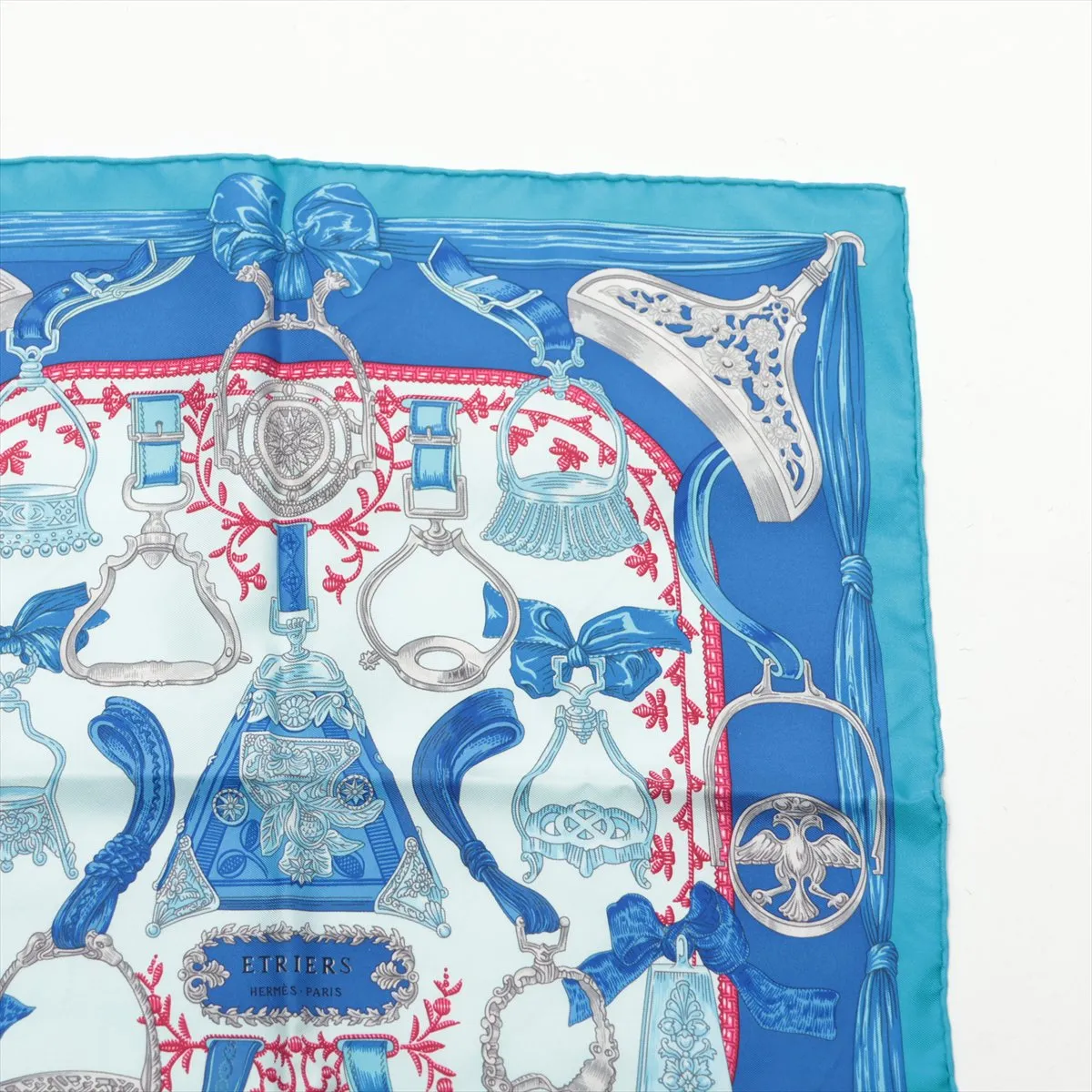 Carre 45 ETRIERS Armor Scarf, Silk, Blue. Shows signs of wear, — view 3