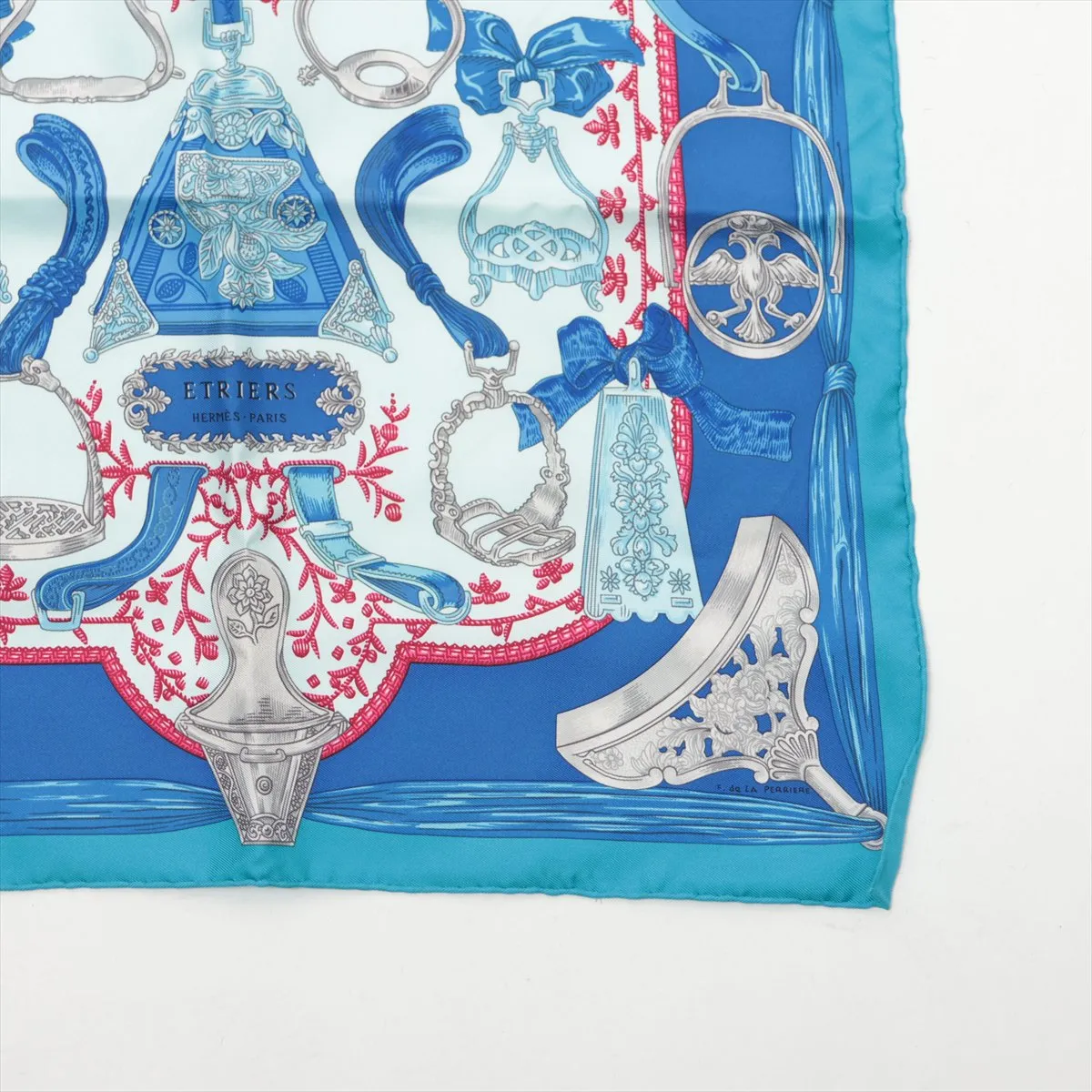 Carre 45 ETRIERS Armor Scarf, Silk, Blue. Shows signs of wear, — view 4