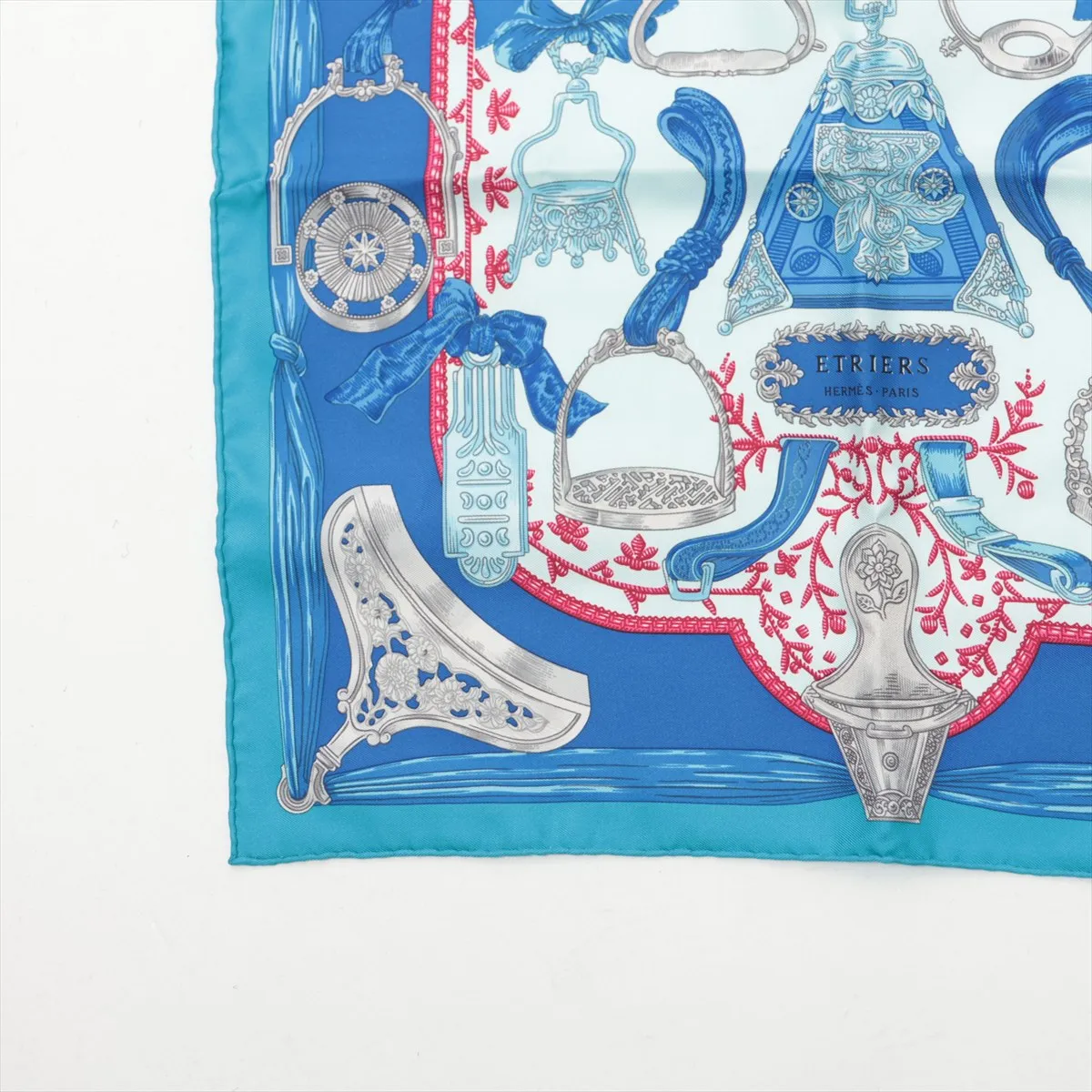 Carre 45 ETRIERS Armor Scarf, Silk, Blue. Shows signs of wear, — view 5