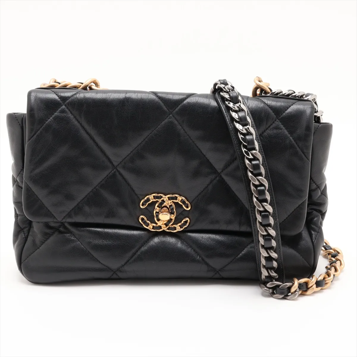 19 Large Lambskin Chain Shoulder Bag, Black with Gold and Silver Hardware, 29178599, Serial Number 29, AS1161