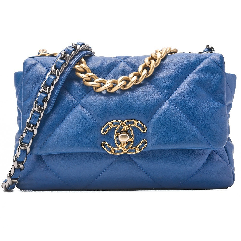 Lambskin Chanel 19 Chain Shoulder Bag, Blue, Gold and Silver Hardware