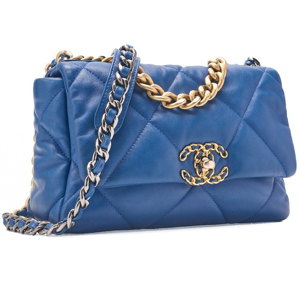 Lambskin Chanel 19 Chain Shoulder Bag, Blue, Gold and Silver Hardware — view 3