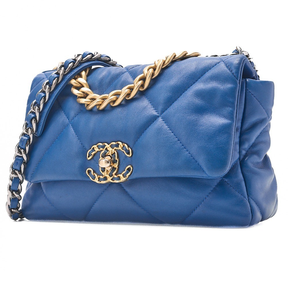 Lambskin Chanel 19 Chain Shoulder Bag, Blue, Gold and Silver Hardware — view 4