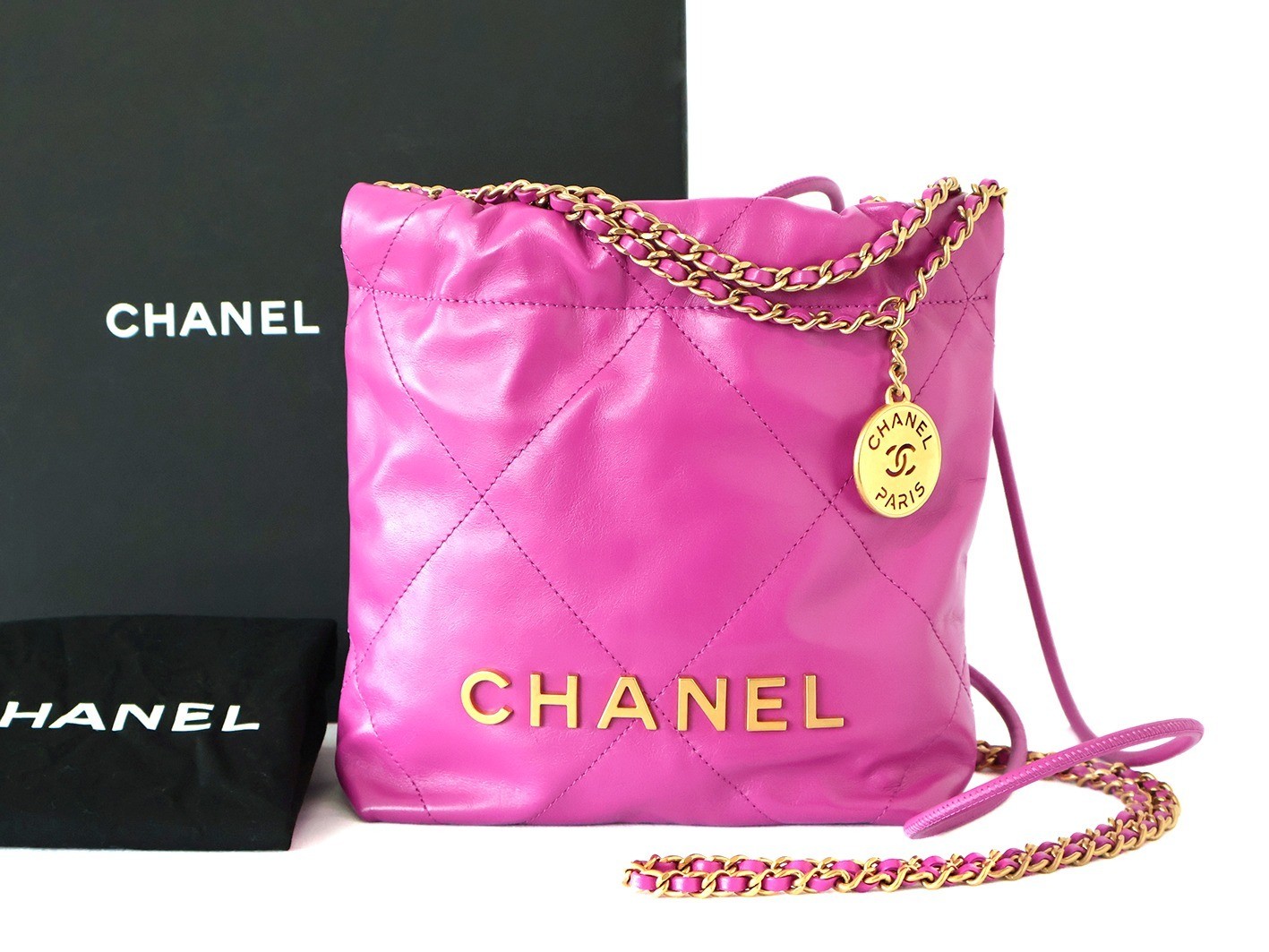 22 Shiny Calfskin Chain Shoulder Bag, Pink