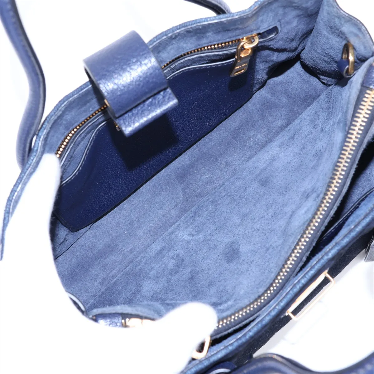 Madras Canvas x Suede x Leather 2-Way Handbag, Navy — view 8