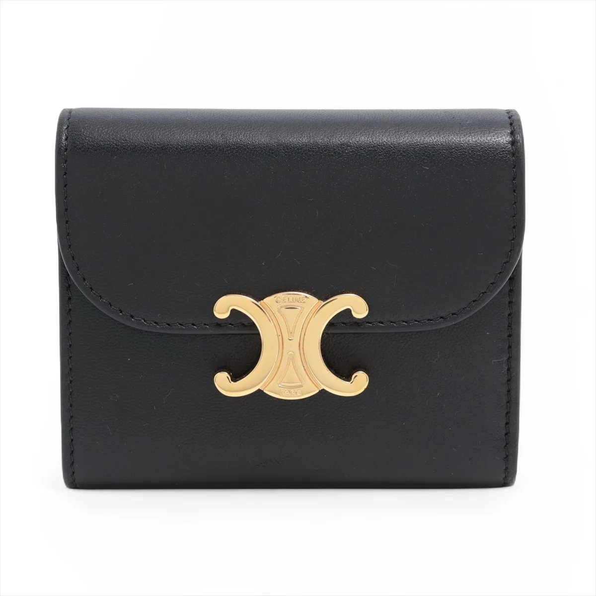 Triomphe Small Flap Wallet Leather Compact Wallet Black