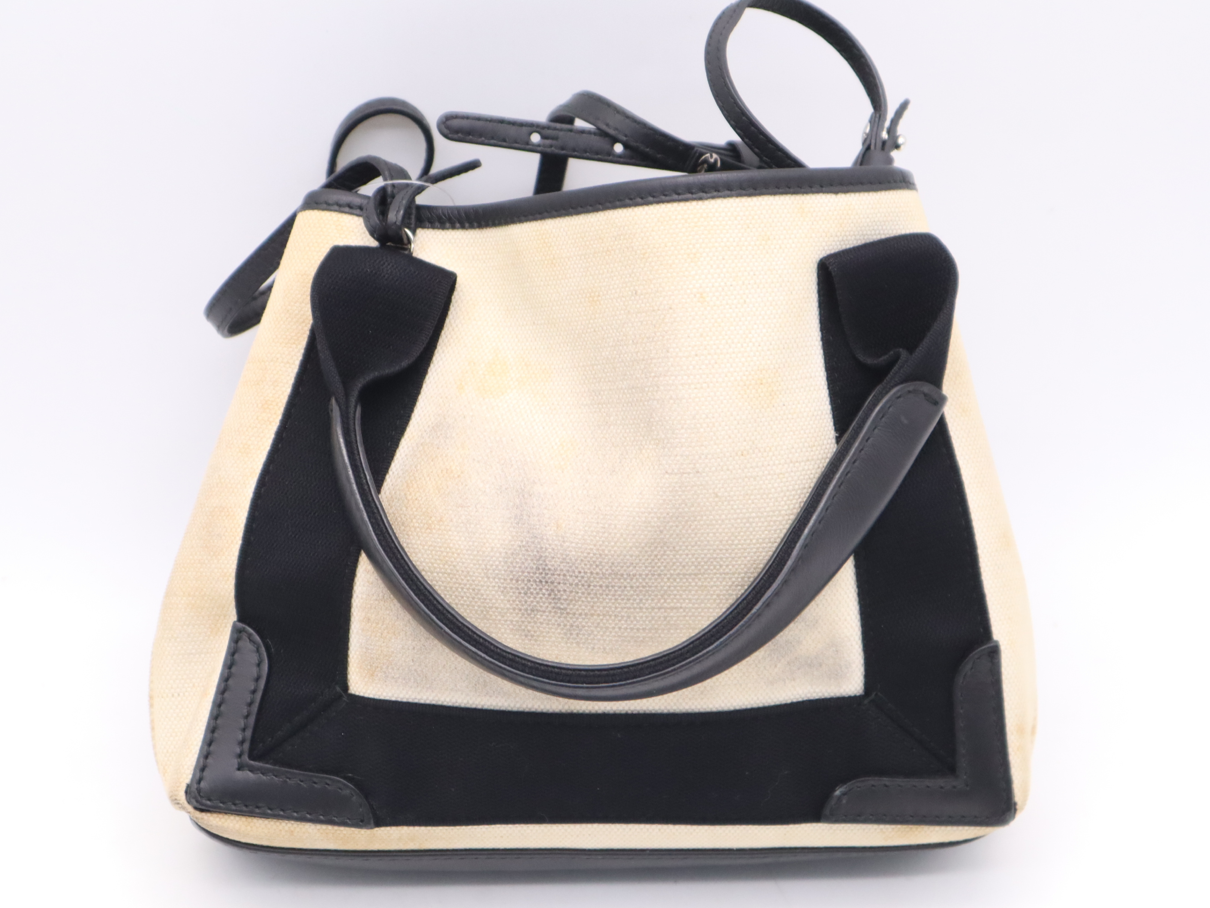 Canvas/Leather Handbag with Shoulder Strap and Pouch - Ivory/Black — view 2
