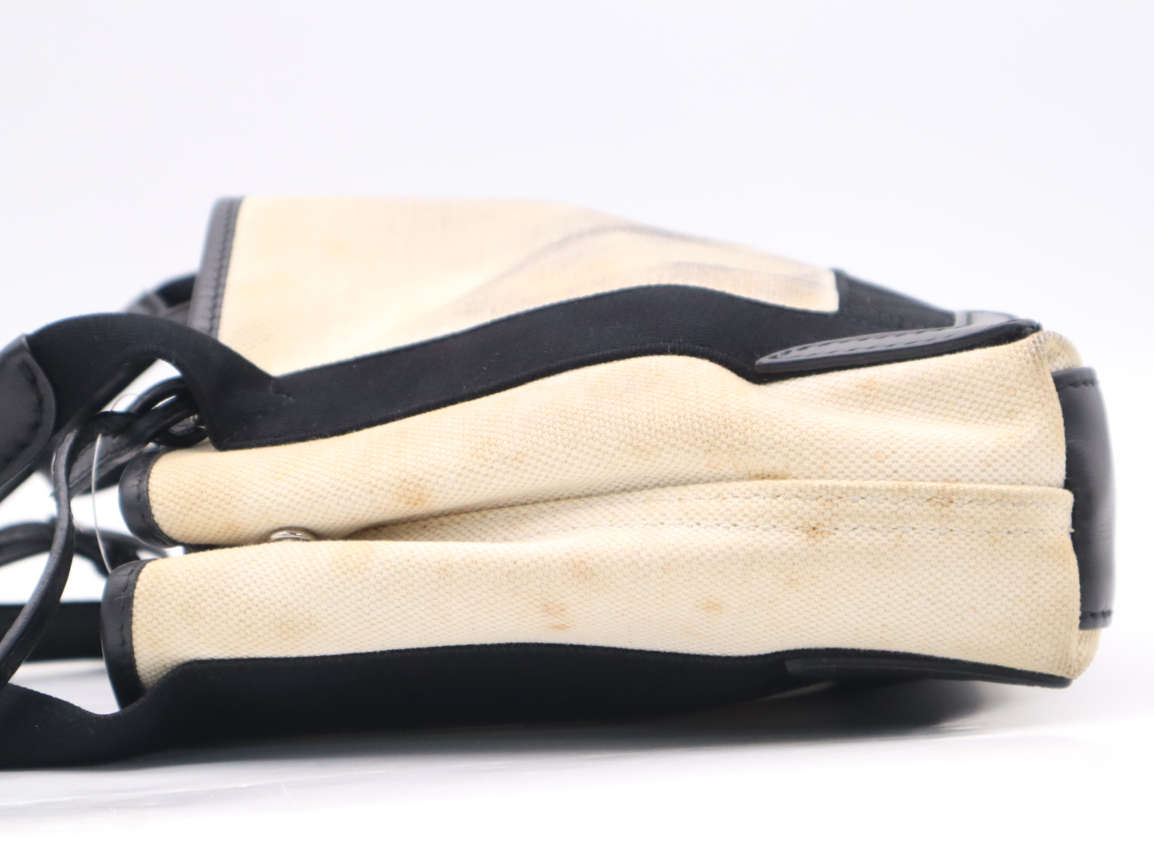 Canvas/Leather Handbag with Shoulder Strap and Pouch - Ivory/Black — view 3