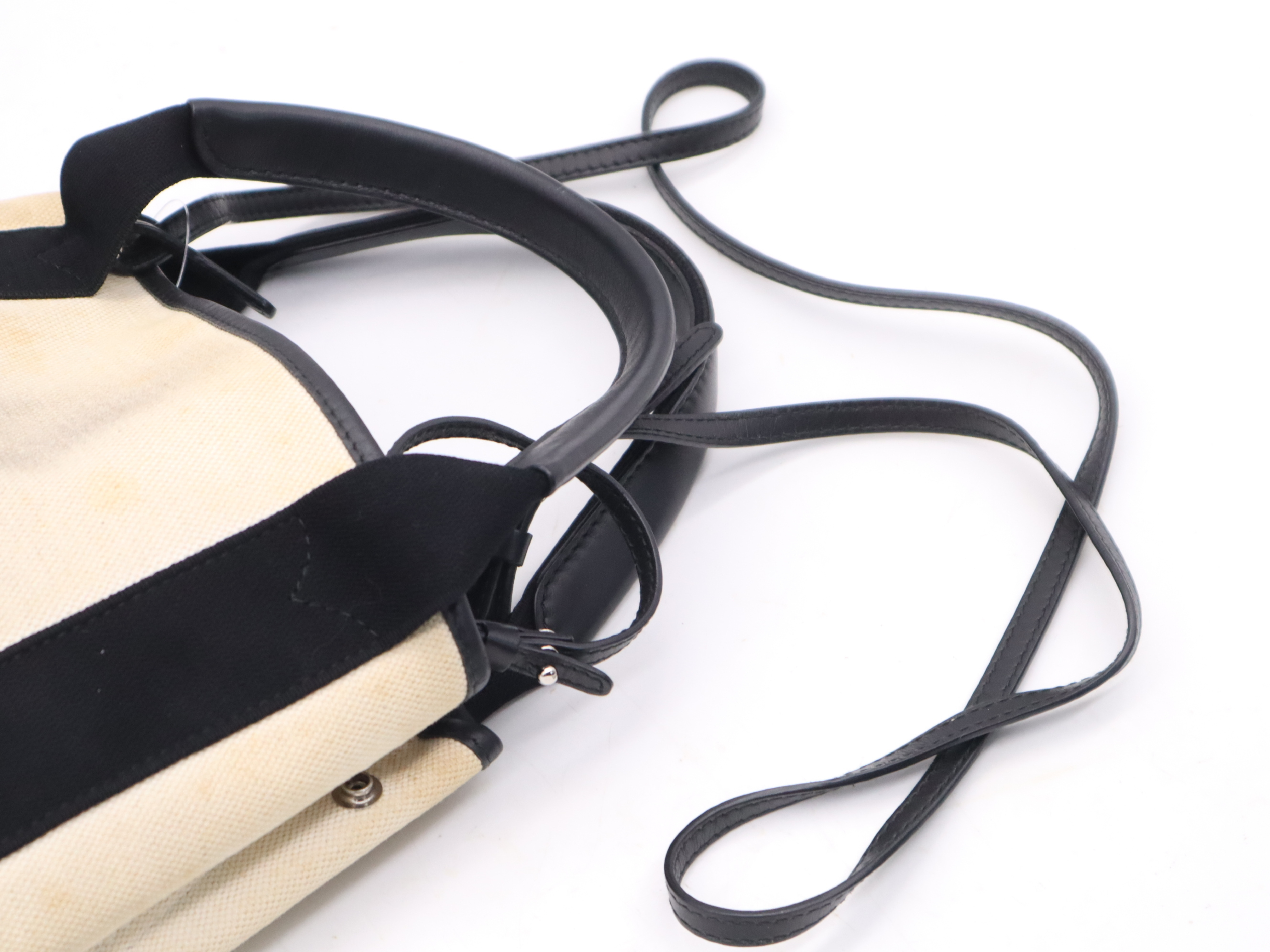 Canvas/Leather Handbag with Shoulder Strap and Pouch - Ivory/Black — view 6