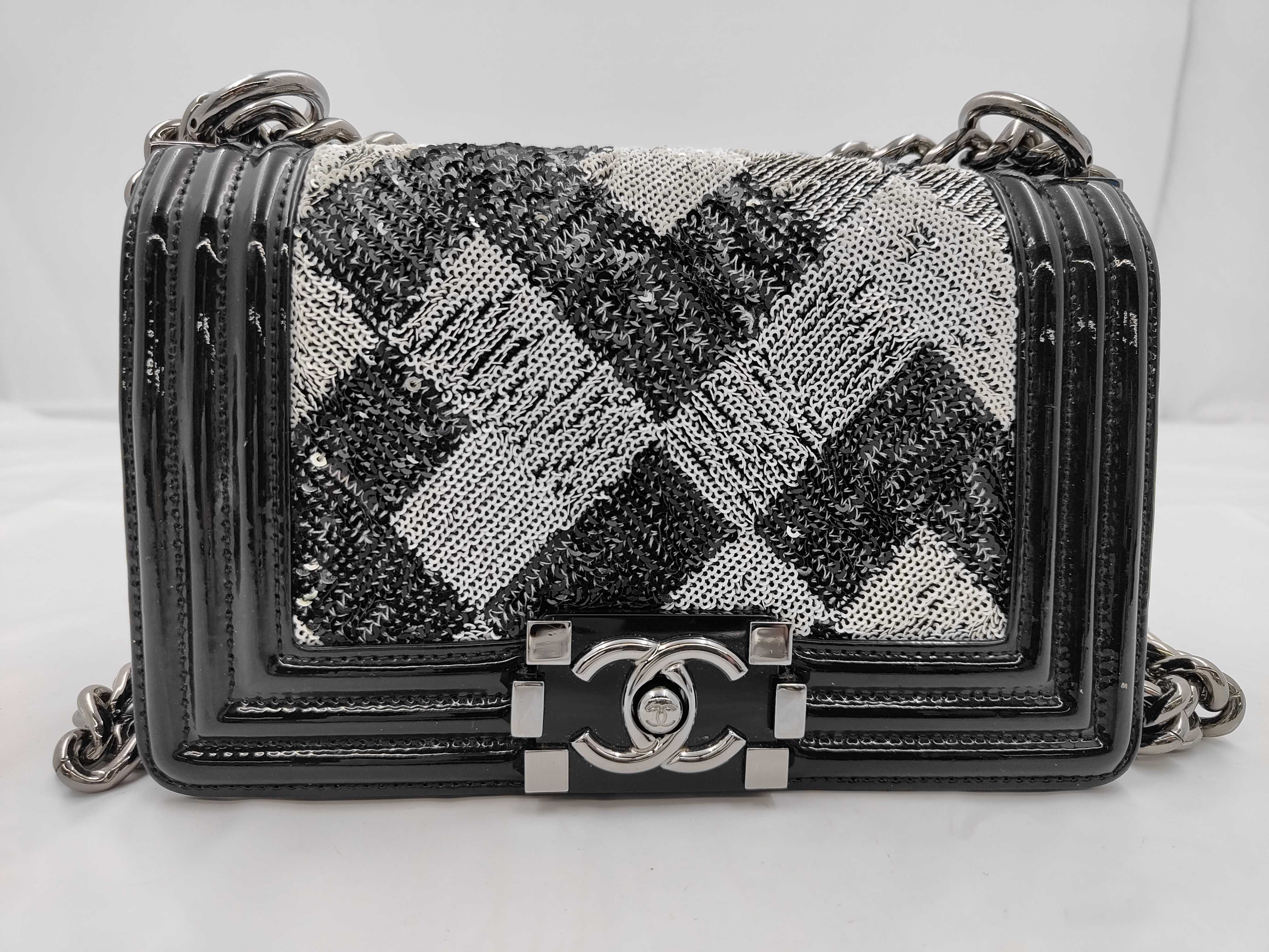 Mini Boy Chanel Chain Shoulder Bag with Sequins, Black
