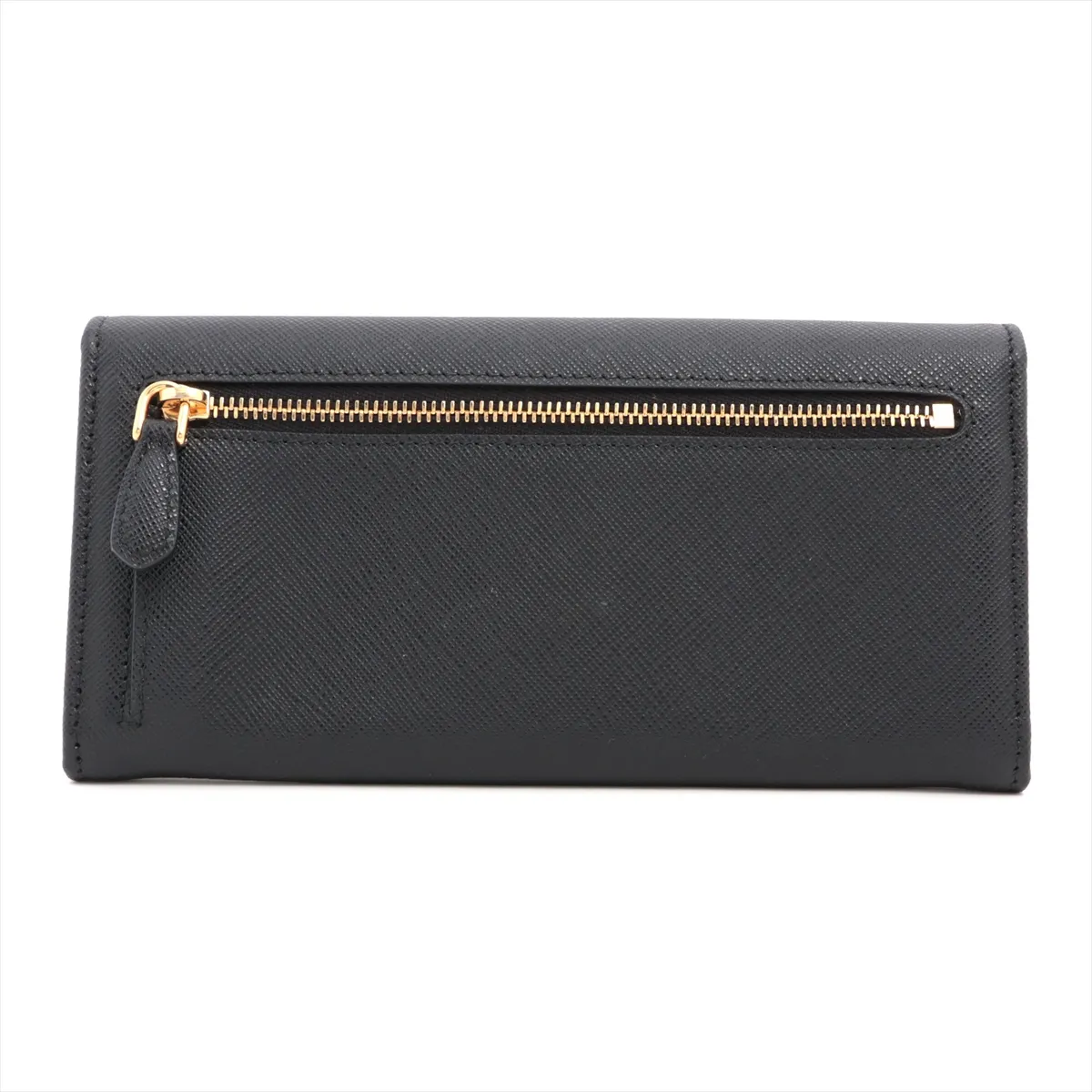 Saffiano Triangle Logo Leather Long Wallet, Black (Zipper end is misaligned) — view 2