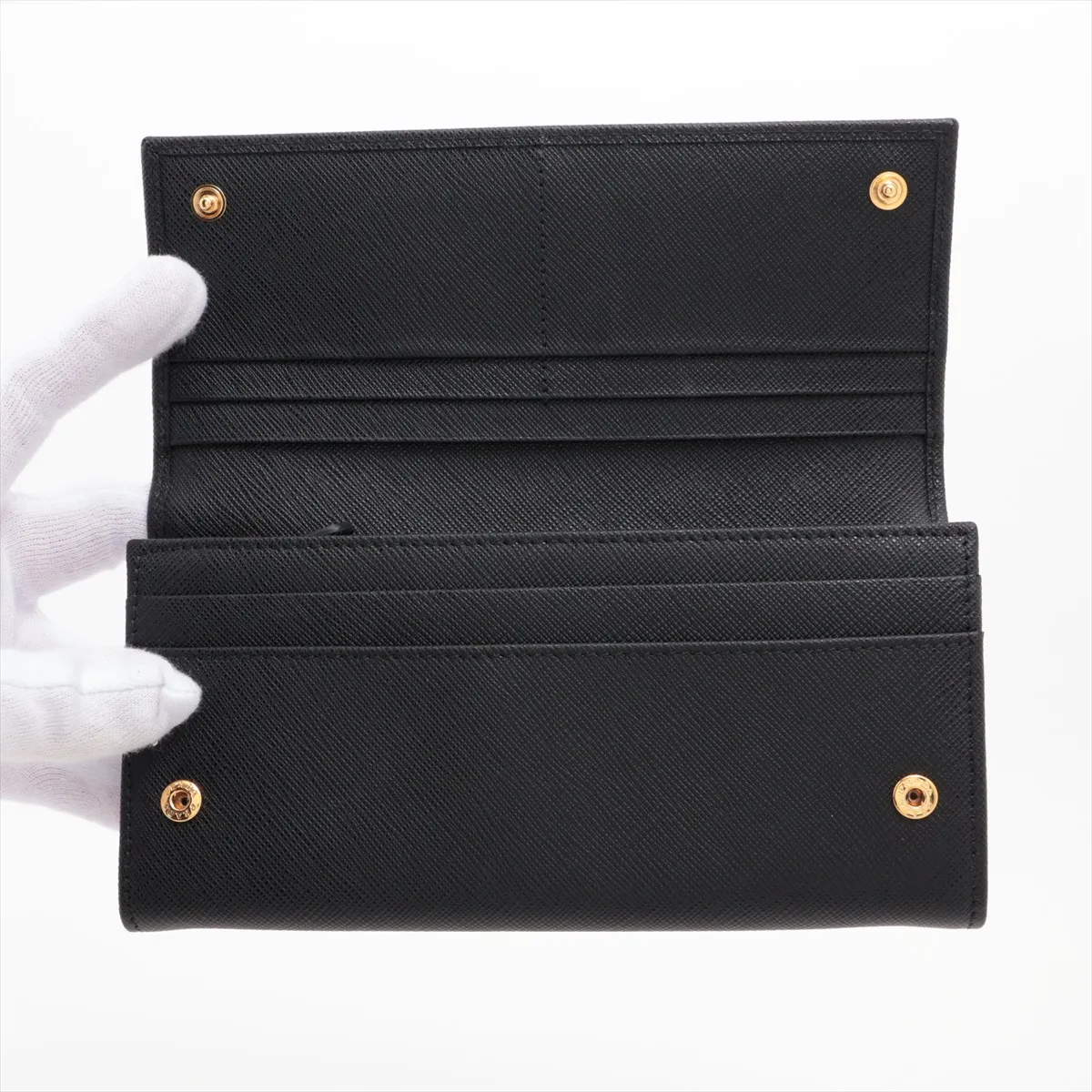 Saffiano Triangle Logo Leather Long Wallet, Black (Zipper end is misaligned) — view 3
