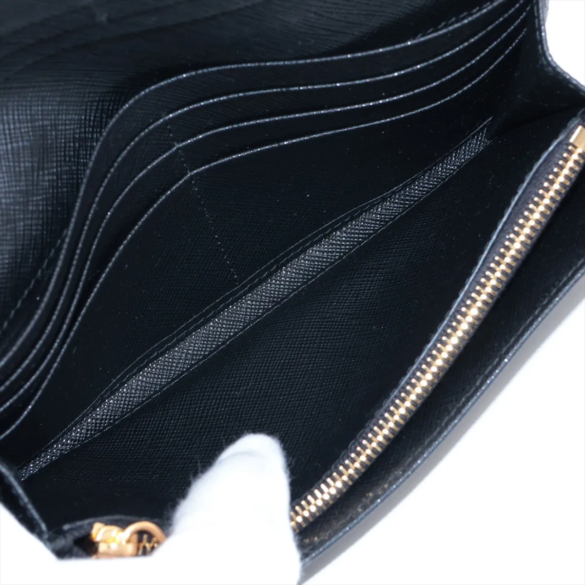 Saffiano Triangle Logo Leather Long Wallet, Black (Zipper end is misaligned) — view 5