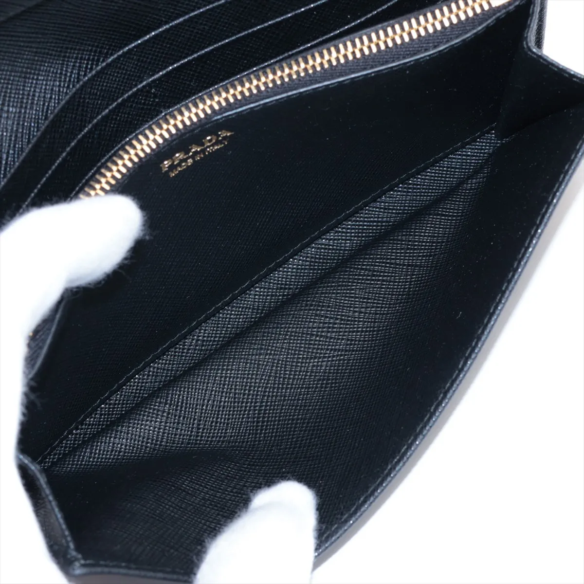 Saffiano Triangle Logo Leather Long Wallet, Black (Zipper end is misaligned) — view 6