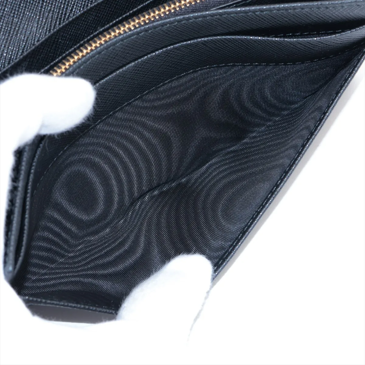 Saffiano Triangle Logo Leather Long Wallet, Black (Zipper end is misaligned) — view 8